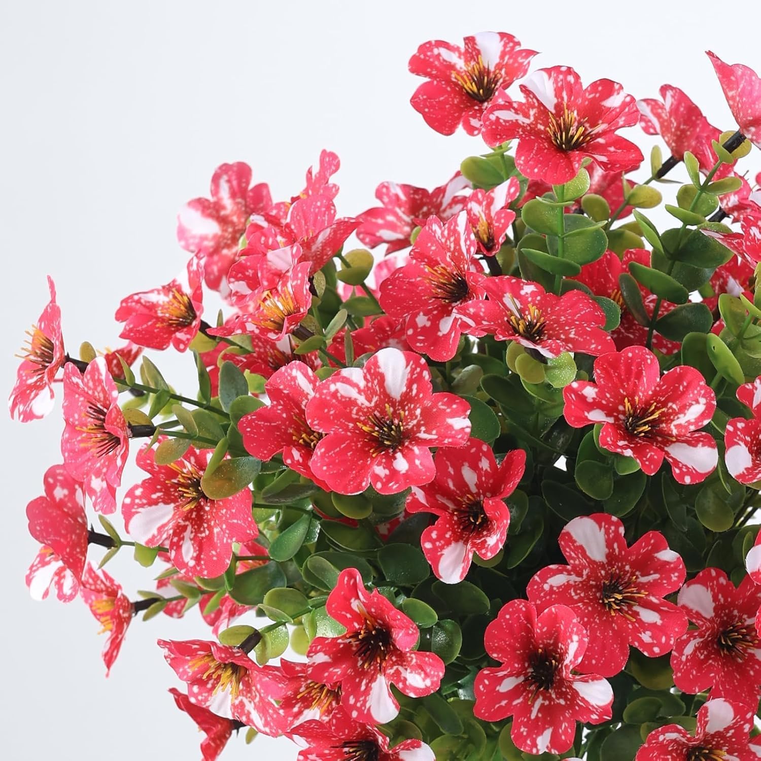 GLIDLION 24 Bundles Artificial Morning Glory & Eucalyptus for Outdoor, Realistic Fake Silk Flower UV Resistant Faux Plant for Front Door Patio Garden Farmhouse Decor (Rose Red)