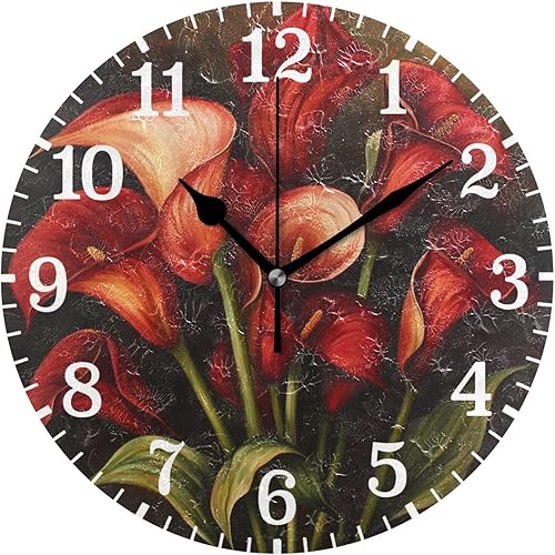 KLL Retro Burgundy Calla Lilies Oil Painting 10 Inch Round Wall Clock Small Silent Modern for Bedroom School Living Room reloj de pared para cuartos