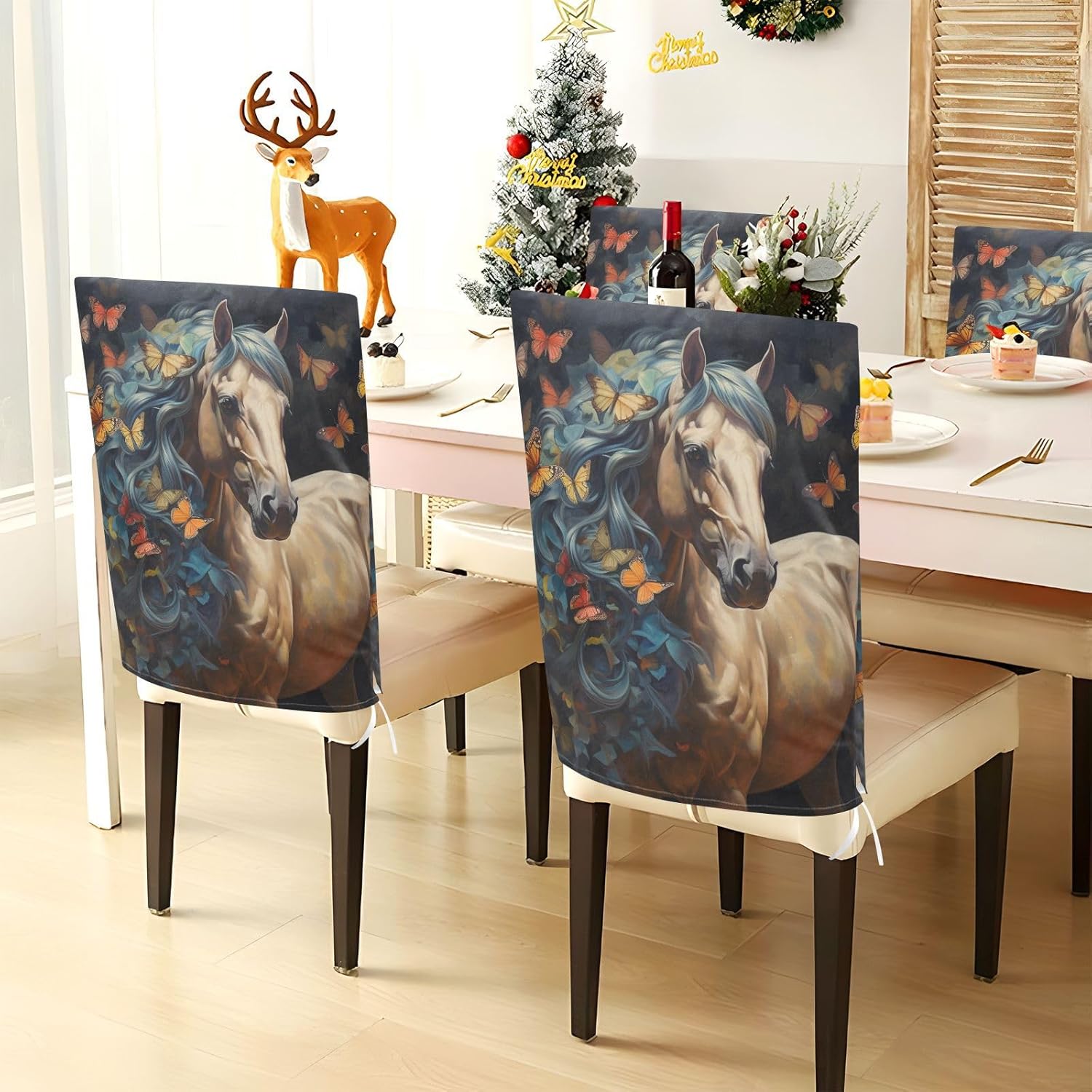 ALAZA Beautiful Horse Butterfly Chair Back Cover Set of 6, Washable Reusable Removable Chair Slipcovers Decorative Chair Cover for Home Kitchen Wedding Party