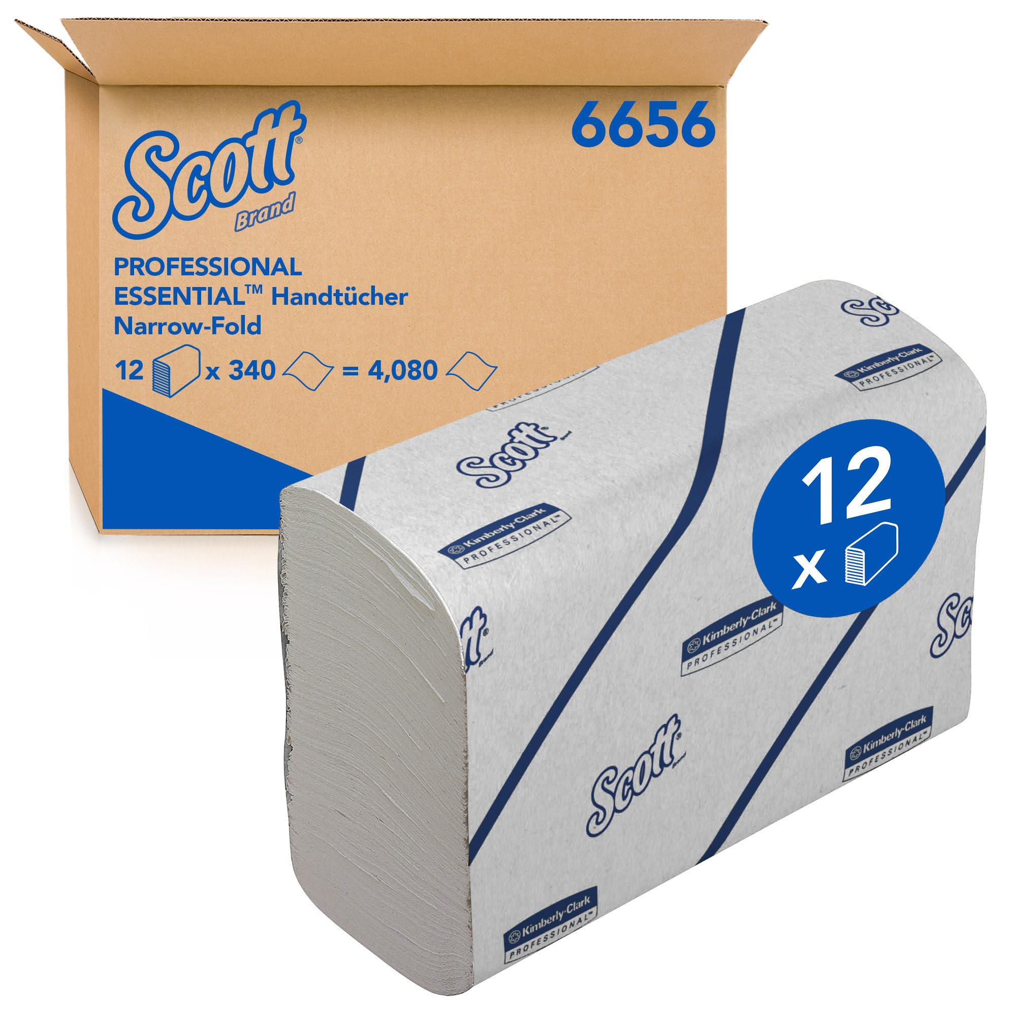 Scott Essential Narrowfold Papierhandtücher 6656, 1-lagige weiße Handtuchpapier, nachhaltige Papierhandtücher aus Recyclingfasern, 12 Clips x 340 (insges. 4.080 Blätter)