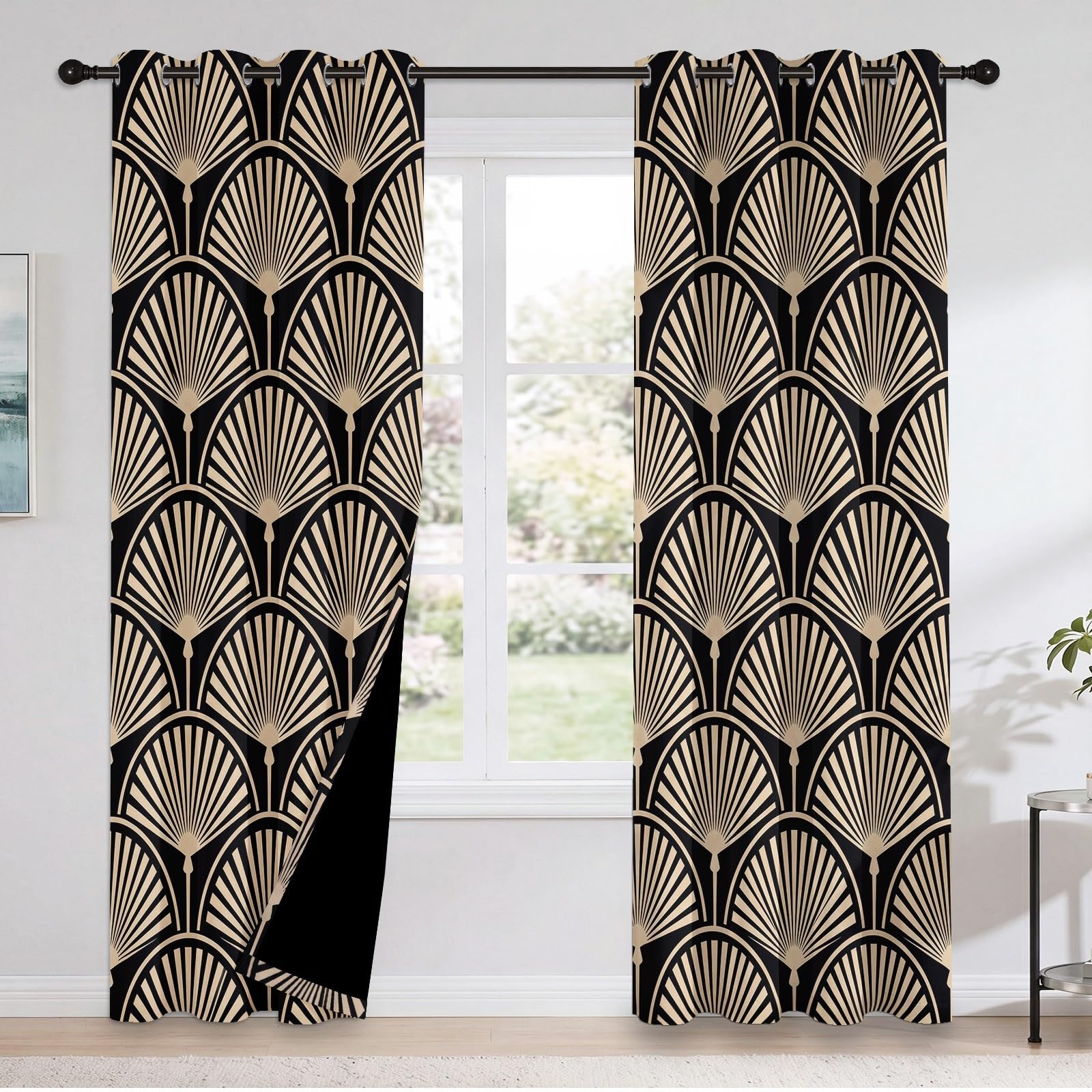 Rideau occultant Abstrait À Fleur De Ventilateur, Art Rideaux œillets Isolation Thermique Traitements fenêtre à œillets pour Salle De Séjour, 140L X 260H cm (2 Panneaux), Beige