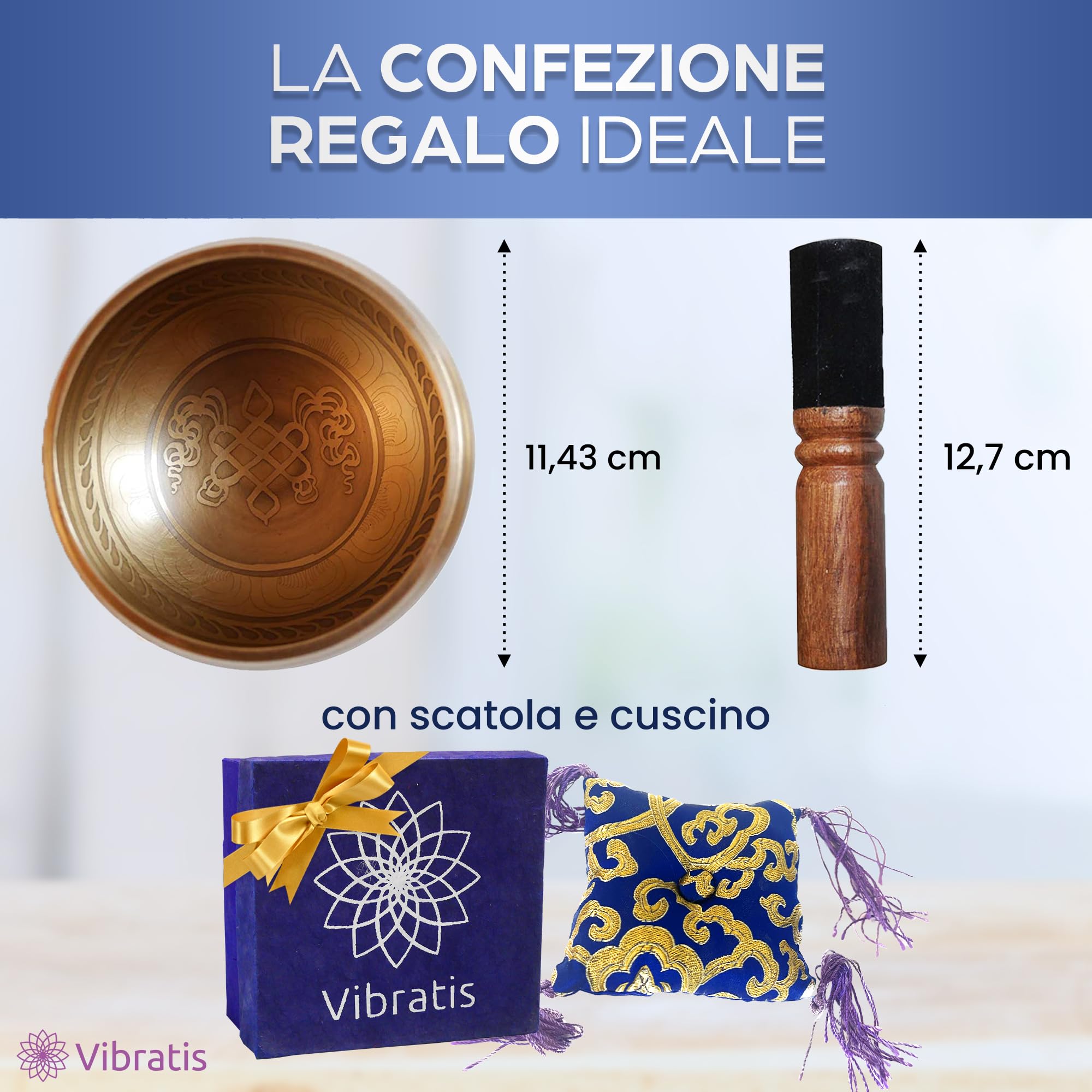 Campana Tibetana di Bronzo Fatta a Mano in Nepal Ø11,43cm– Cuscino, Batacchio in Legno, Scatola in Lotka – Meditazione – Rilassamento – Arredamento – Regalo Perfetto