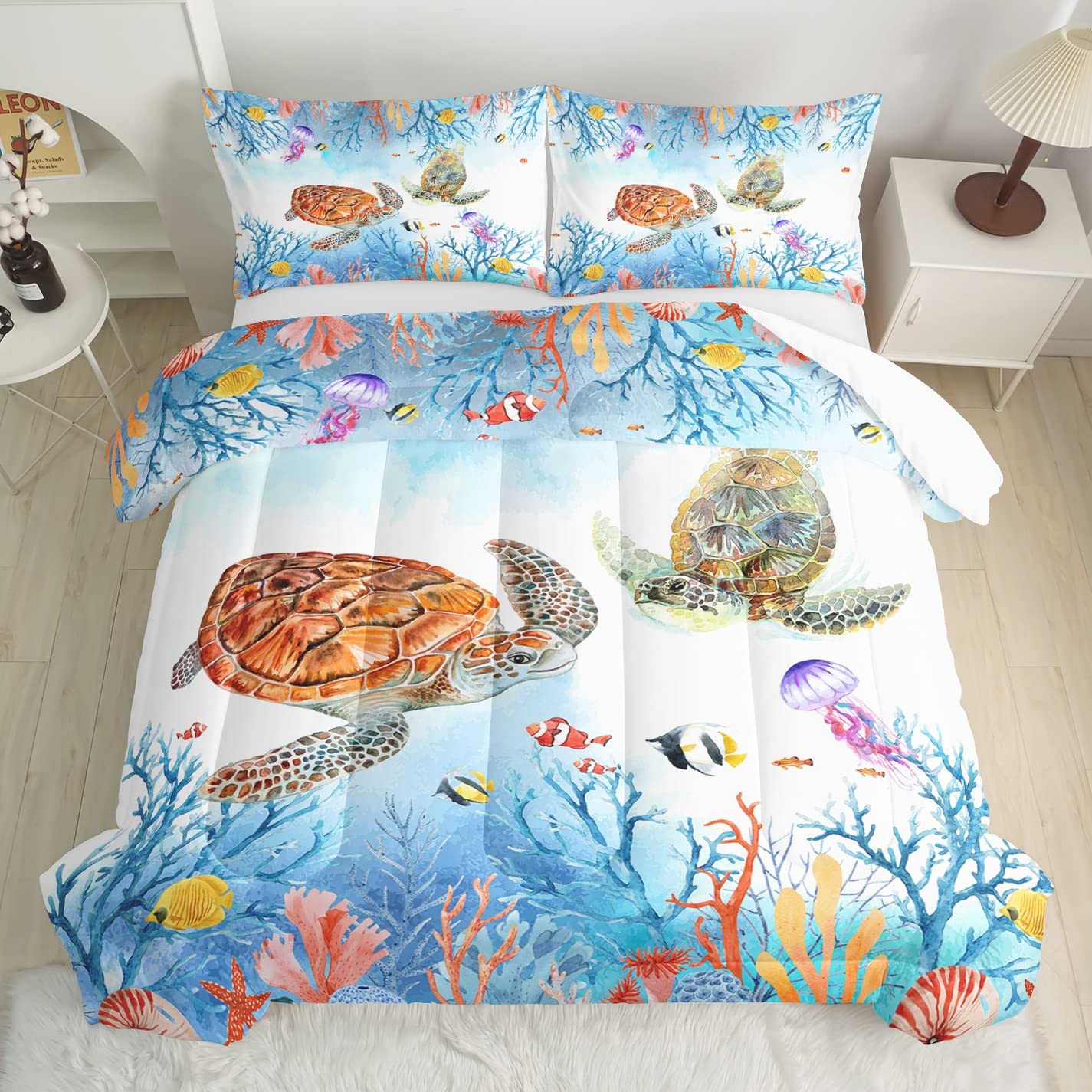 Photo 1 of CVHOUSE Sea Turtle Comforter Set,Ocean Watercolor Sea Turtle Bedding Set for Kids Teens,Ocean Sea Turtle Comforter Sea Turtle Duvet Set Room Decor Quilt Set Queen Size B7 Queen