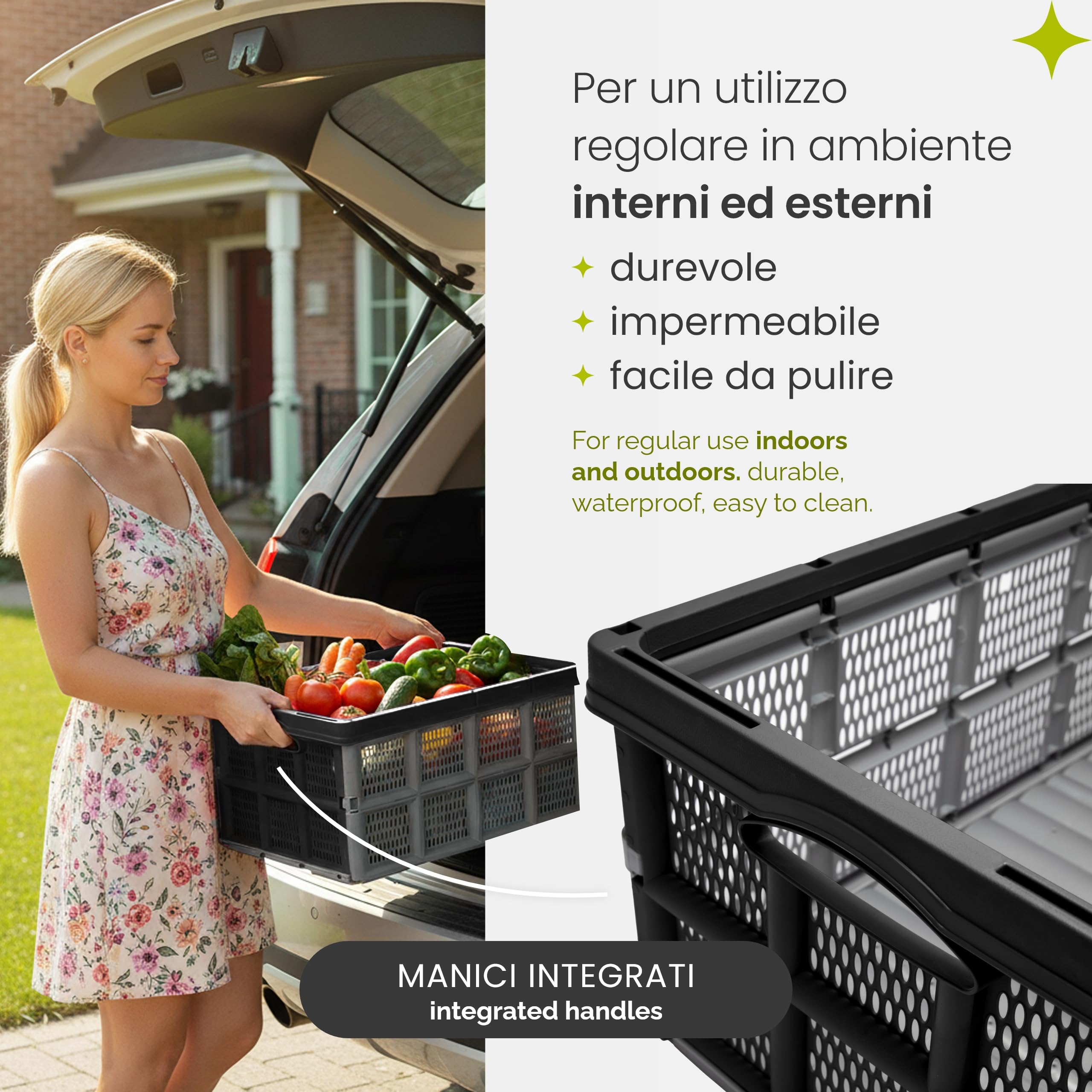 Garronda cassetta pieghevole 32L in plastica HDPE 51x34,5x22,5 cm, box richiudibile ed impilabile per trasporto e stoccaggio in auto, casa e giardino GD-0188 (Grigio/Nero)