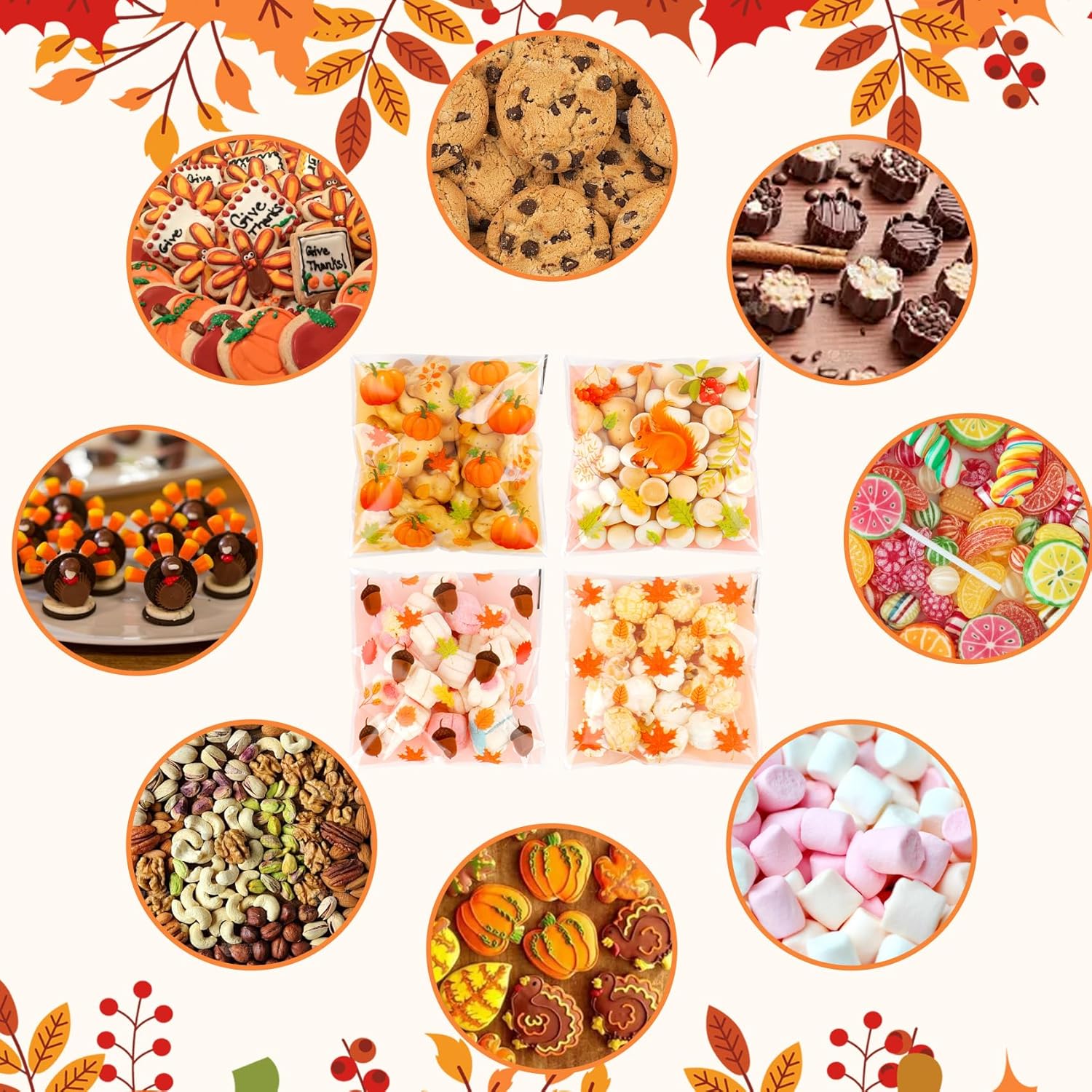 200 PCS Fall Cellophane Treat Bags(4x4 Inch) Small Thanksgiving Ziplock Bags for Candy Snack Goodie Cookie Gifts Wrap Autumn Self Sealing Pouch Baggies Friendgiving Party Favors Supplies Decorations - Image 4