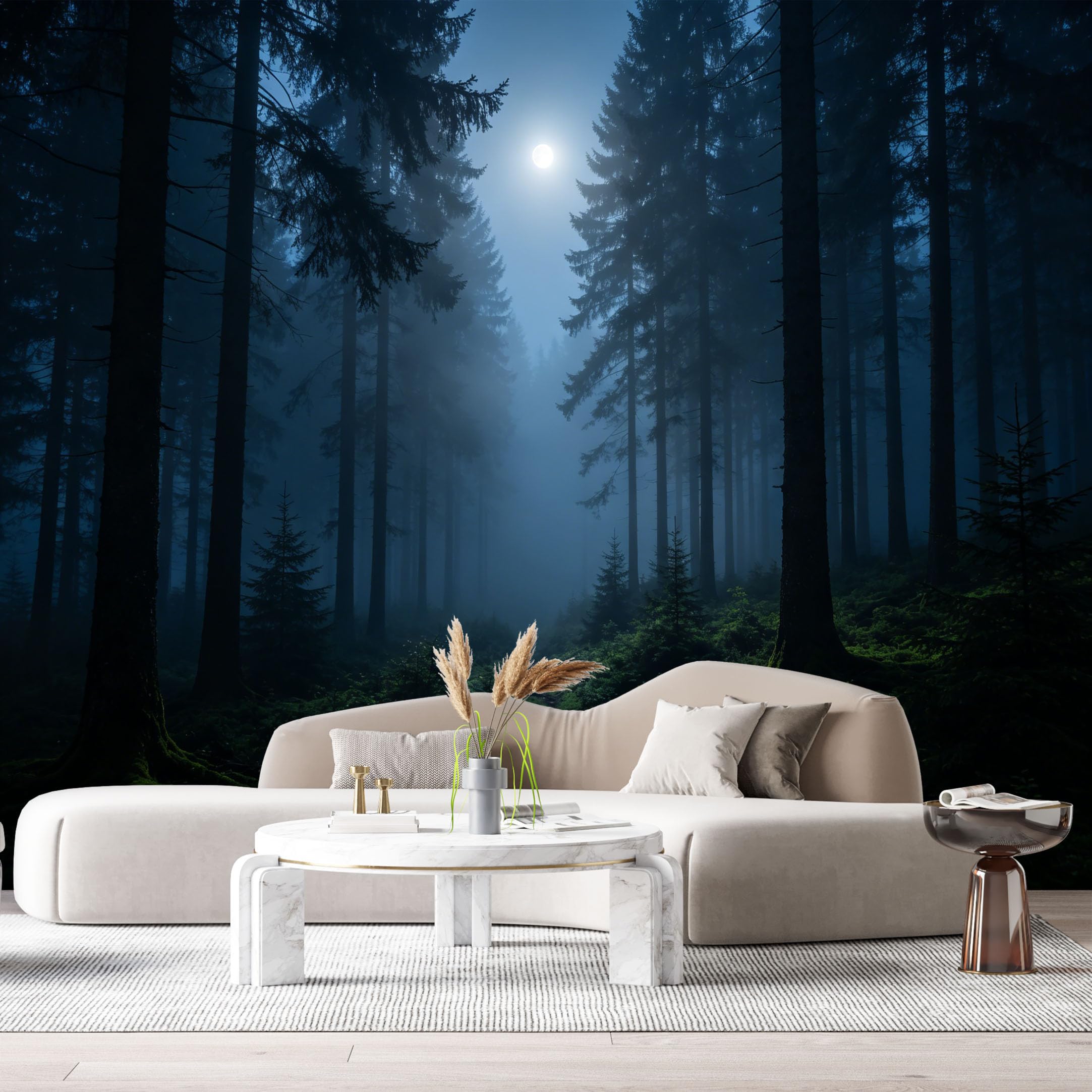 Custom Size Wall Murals Moonlit Forest Landscape Oil Painting Misty Pine Trees Path SelfAdhesive Wall Fabric Removable Large Wallpaper for Photo Living Room