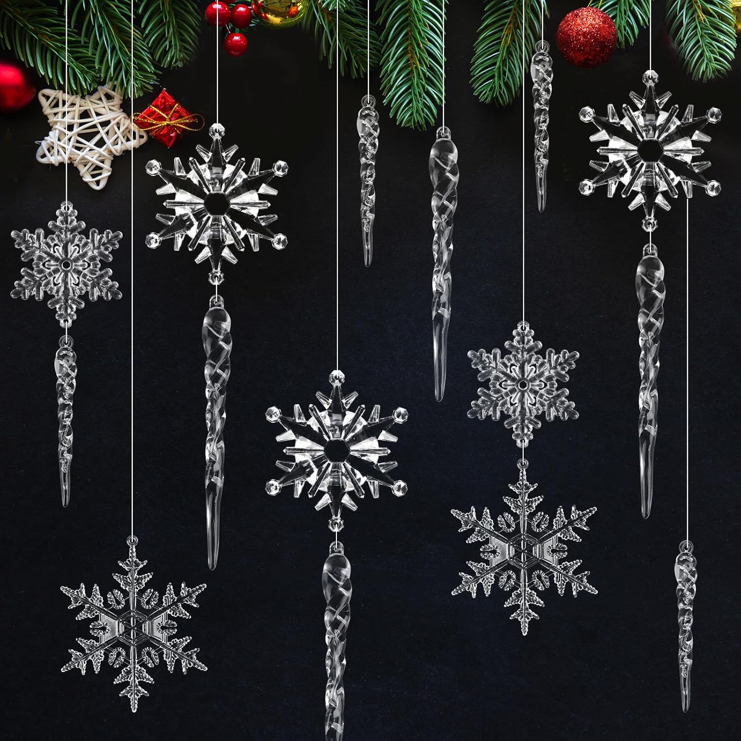 36PCS Clear Christmas Decoration Hanging Acrylic Snowflake Icicle Ornaments with Crystal Line, for Christmas Tree Winter New Year Party Supplies 36PCS Clear Christmas Decoration Hanging Acrylic Snowflake Icicle Ornaments with Crystal Line, for Christmas Tree Winter New Year Party Supplies