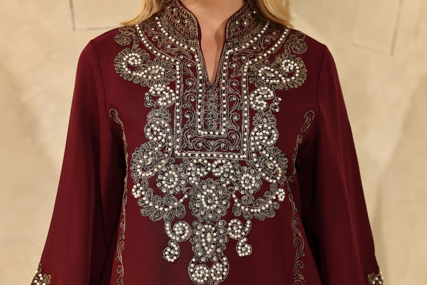 Kaftan Dresses for Women V-Neck Embroidery Long Sleeve Muslim Dress Casual and Fashion