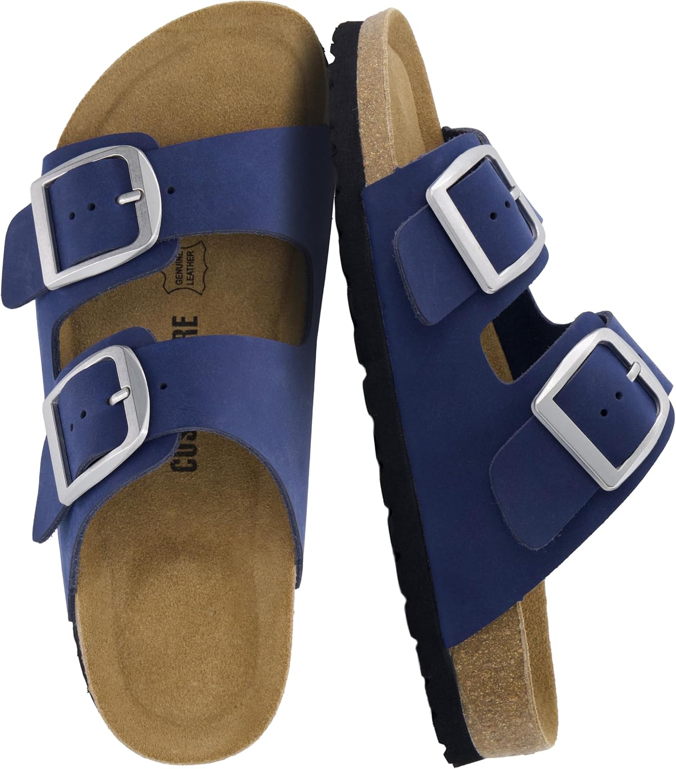 CUSHIONAIRE Laz 100% Genuine Leather Cork Footbed Slide Sandals for Women
