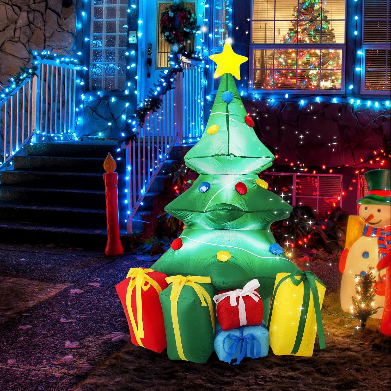 MoNiBloom 5 Feet Christmas Inflatable Outdoor Decoration with Built-in LED Lights, Lighted Blow Up Xmas Tree and Gifts Lawn Garden Yard Decor for Holiday Party Indoor Winter Outside Decoration