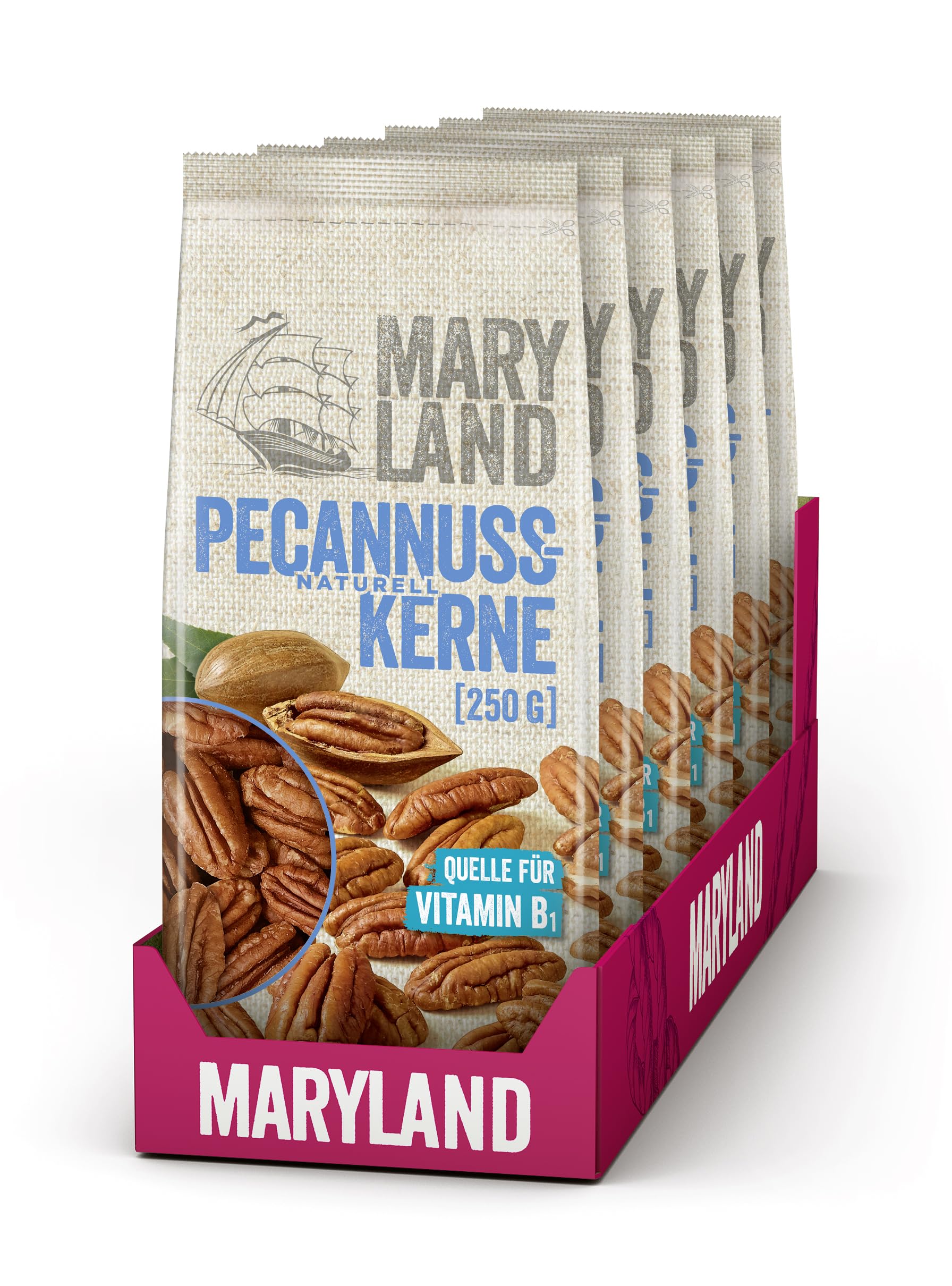 Maryland Pecannusskerne 250g Beutel 6er Pack – Pecannusskerne naturbelassen, vegan, frei von künstlichen Aromen, ohne Zusatzstoffe – Im praktischen Beutelformat genießen (6 x 250g)