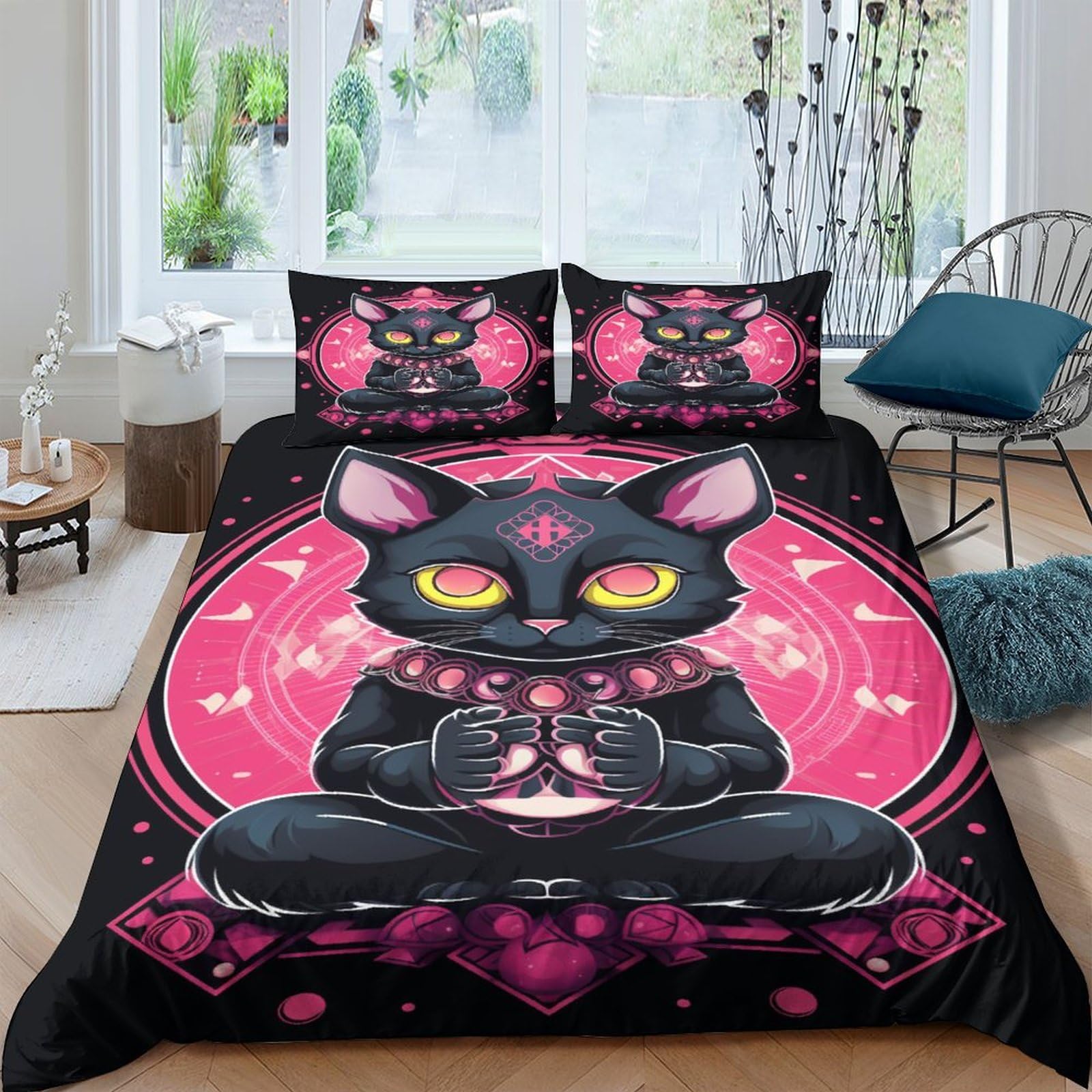 Housse de couette chat 200x200 cm avec 2 taies d'oreiller pour lit double