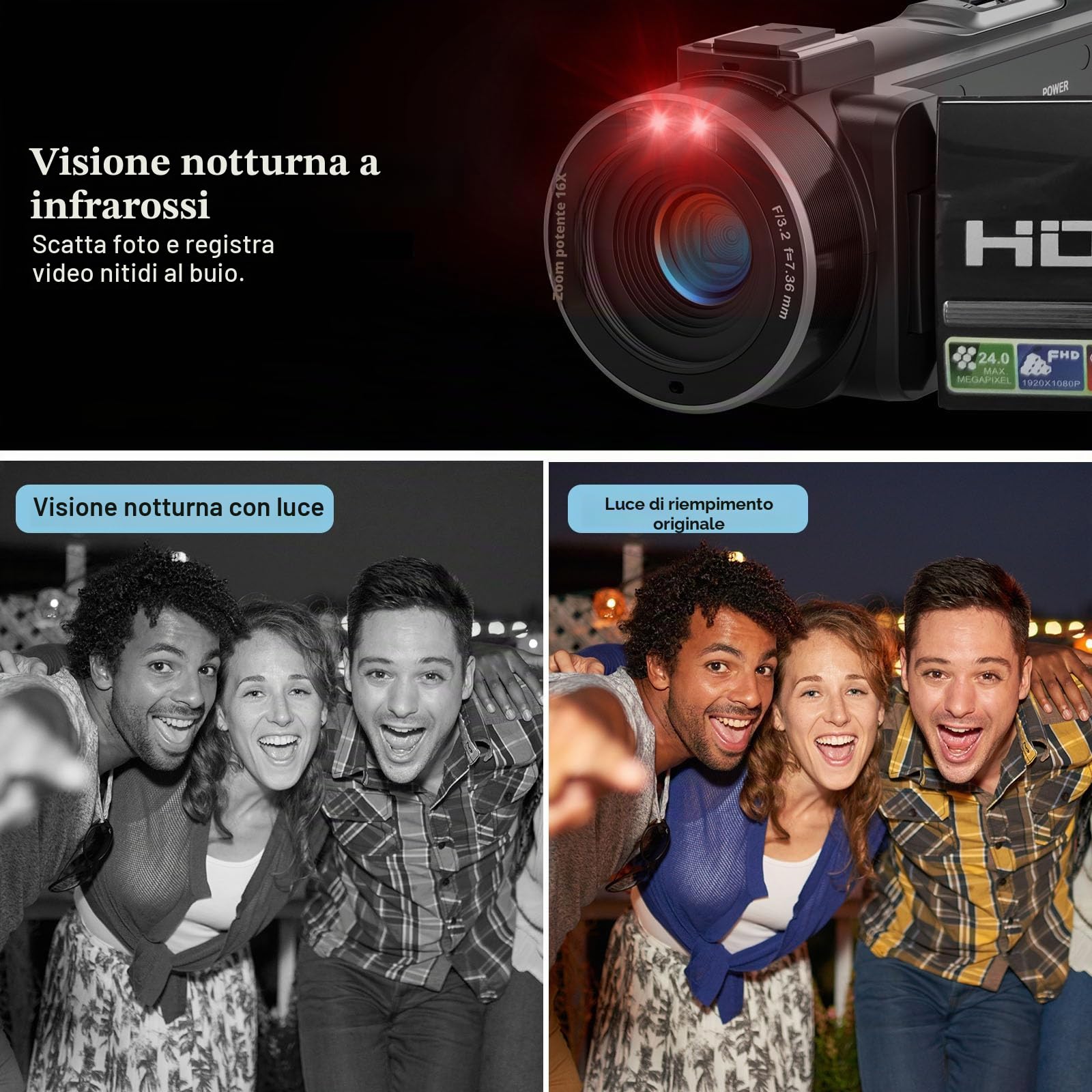 Videocamera FHD 1080P 36MP 30FPS Youtube Vlogging Visione Notturna IR 16X Zoom Digitale 3.0'' IPS Rotazione Schermo di 270 Gradi Videocamera Digitale