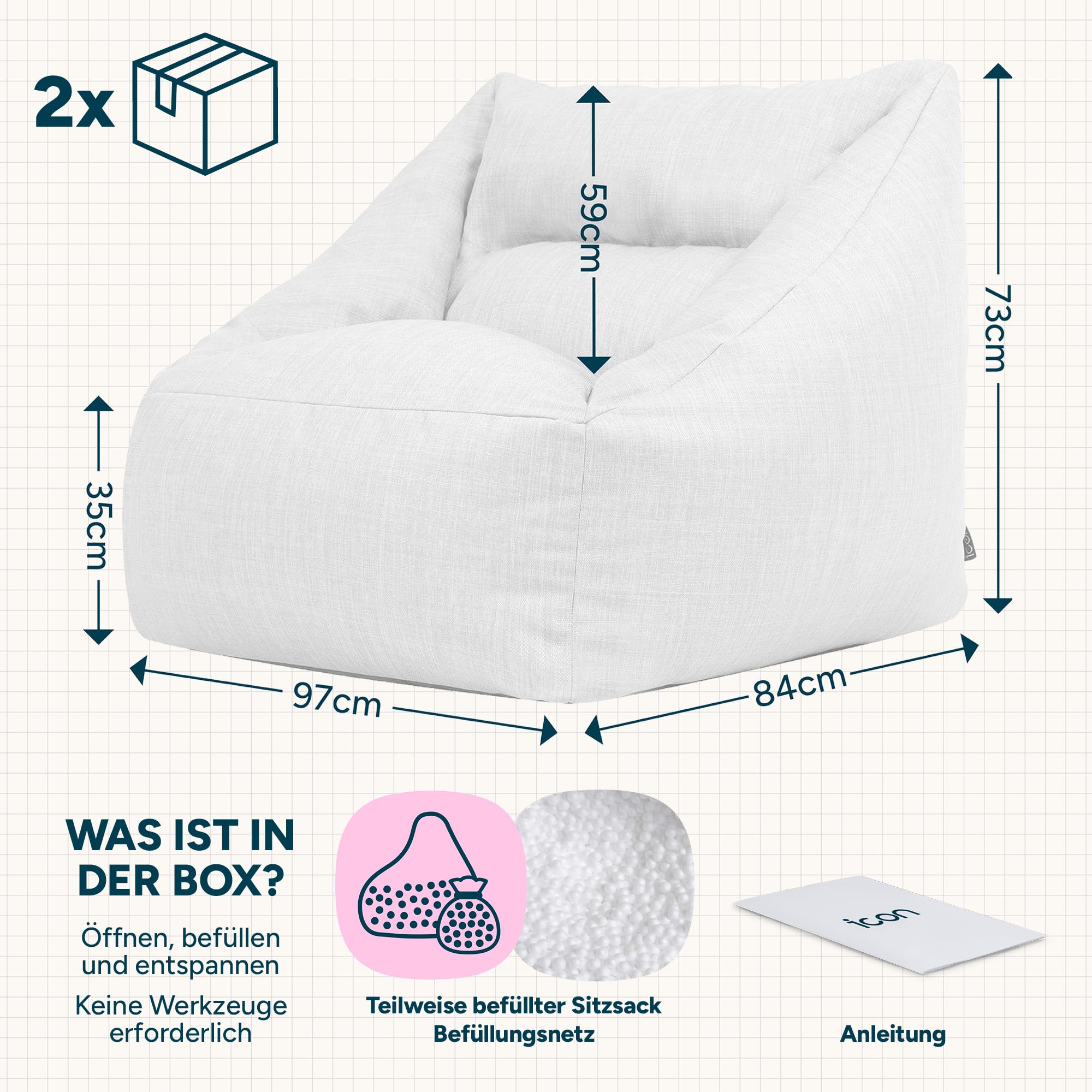 Natalia Outdoor Sitzsack Sessel für Erwachsene, Beige, Stoff, Riesen Sitzsack mit Füllung, Garten, Terrasse, Lounge