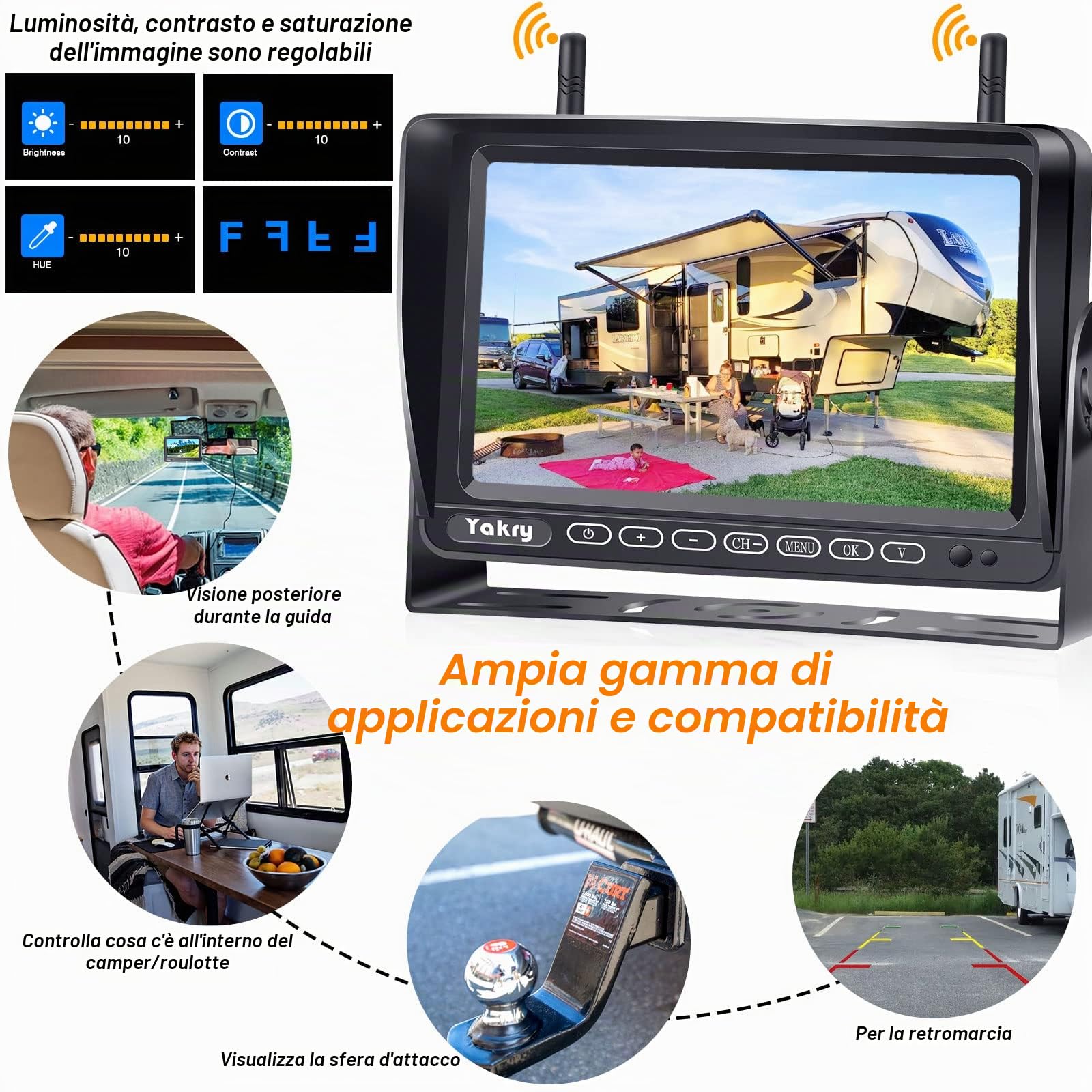 Yakry S33-Y27 - Telecamera di retromarcia wireless FHD 1080P da 17,8 cm con sistema DVR per camper, rimorchi, camion, quinte ruote, barche
