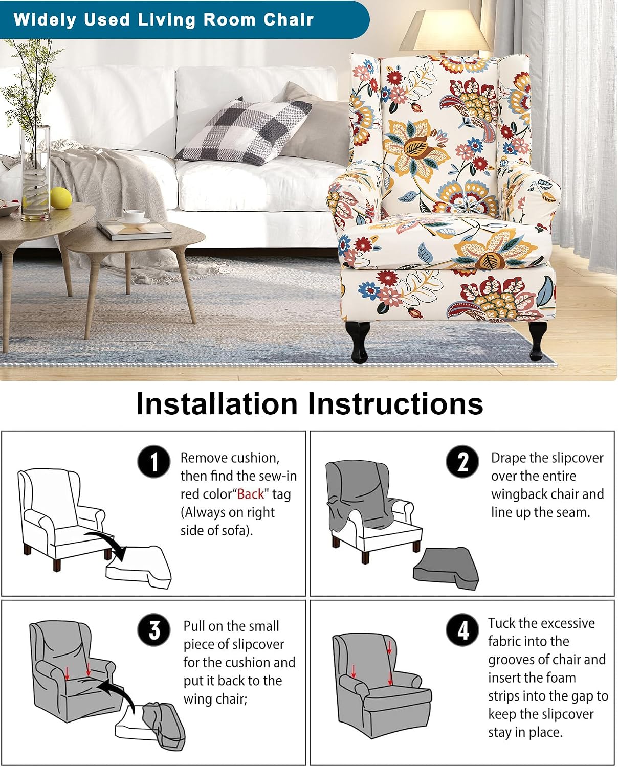 CRFATOP Wingback Chair Covers 2 Pieces Stretch Printed Wing Back Chair Cover Sofa Slipcover Washable Wingback Armchair Slipcovers Furniture Protector with Elastic Bottom for Wingback Chairs,A34