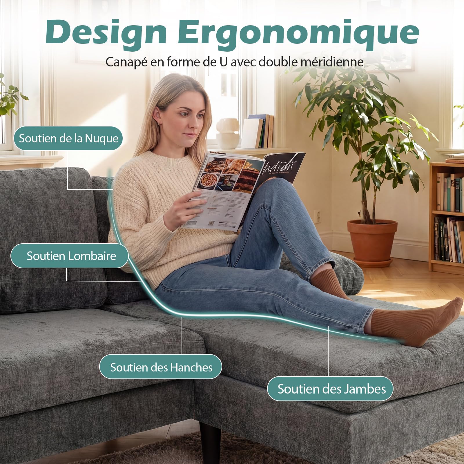 COSTWAY Canapé d'angle 4 Places en U avec 2 Chaise Longue, Grand Canapé 4 Places Rembourrés, Modulable, Tissu en Velours Côtelé/Chenille Doux, 4 Coussins, Moderne, 258 x 125 x 71,5 cm (Gris)