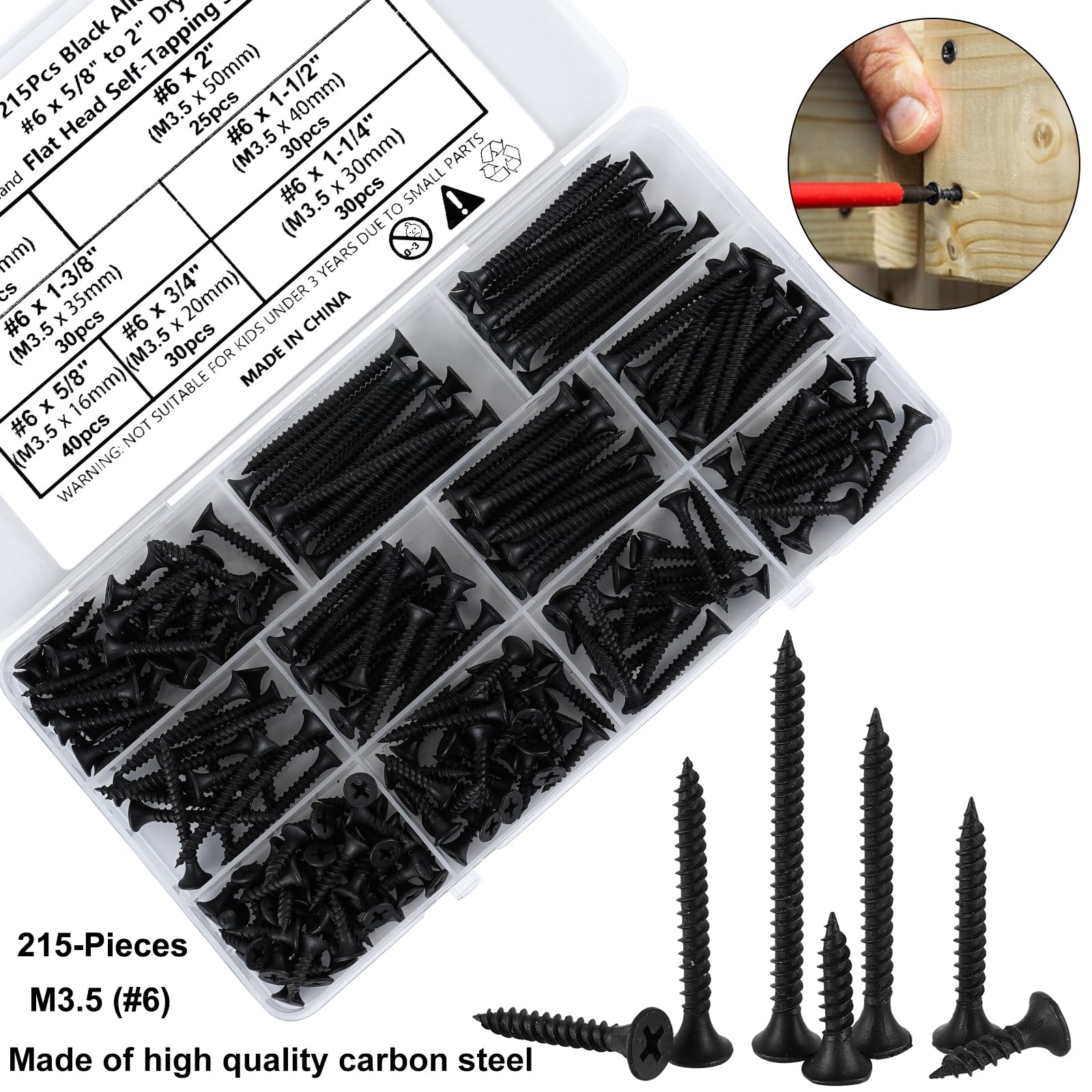FandWay 215Pcs M3.5 (#6) Drywall Screws,Black Wood Screws,Phillips Flat Head Self Tapping Screw, Countersunk Head Self Tappers Screws Assortment Kit for Drywall Sheetrock,Wood,Furniture & Repairs - Image 2