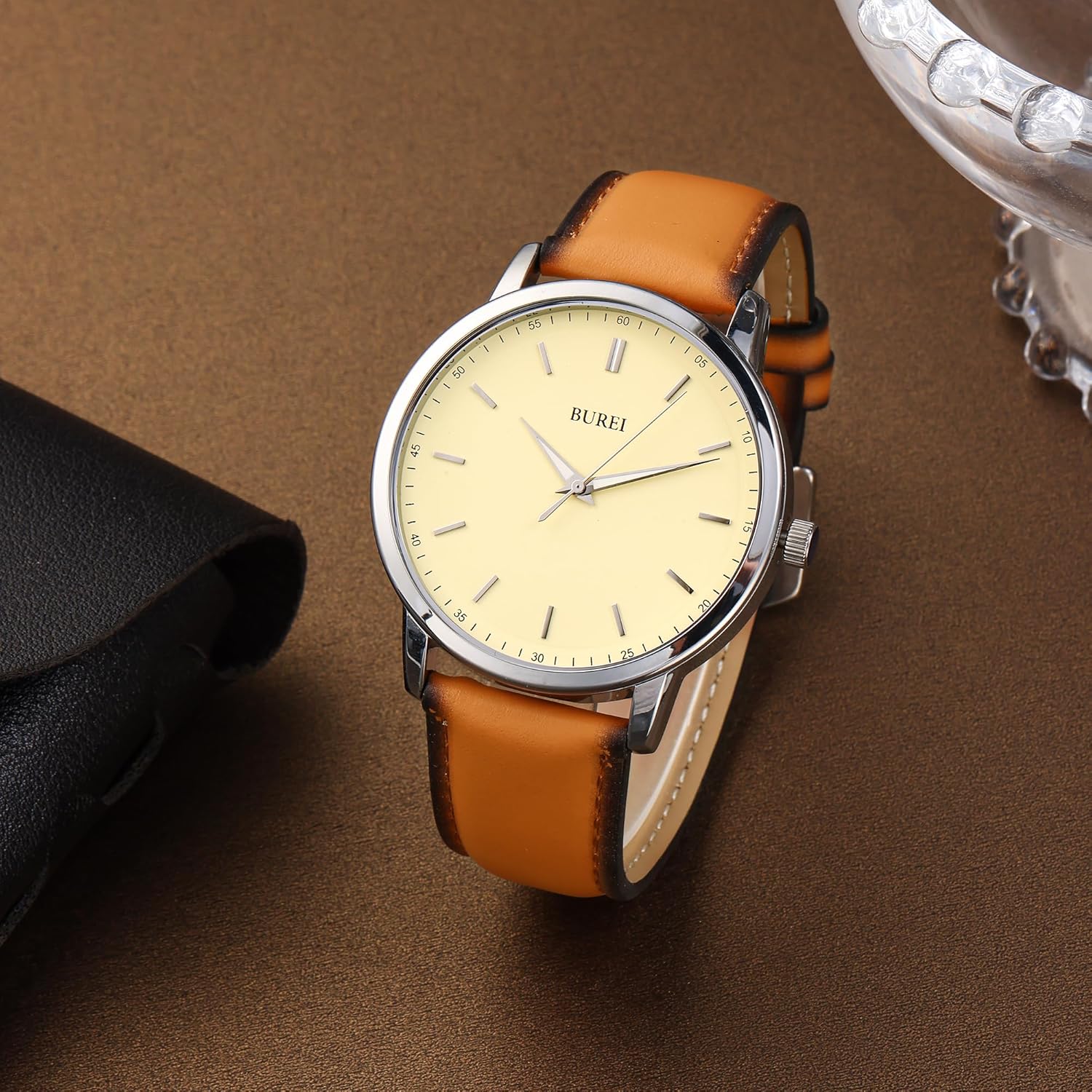 BUREI Mens Fashion Watches Dress Minimalist Wrist Watches for Men Brown Leather Analog Watch Display with Slim Case Design relojes para Hombres - Image 4
