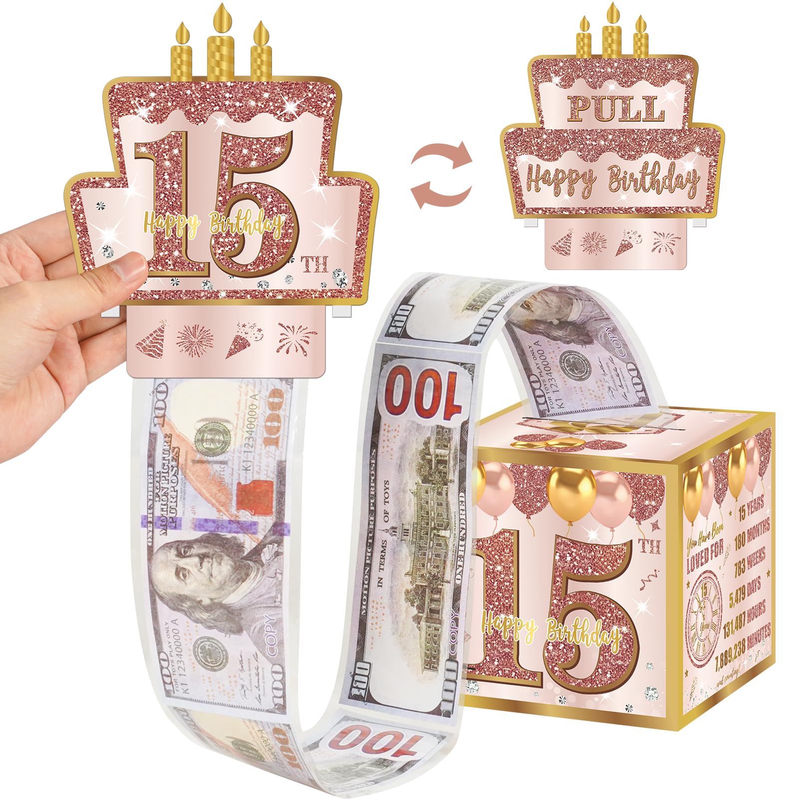 Turypaty 15th Birthday Decorations Pull-Out Money Gift Box for Girls - Pink Rose Gold Happy Fifteen 15th Birthday Party Cash Gift Box with Pull-Out