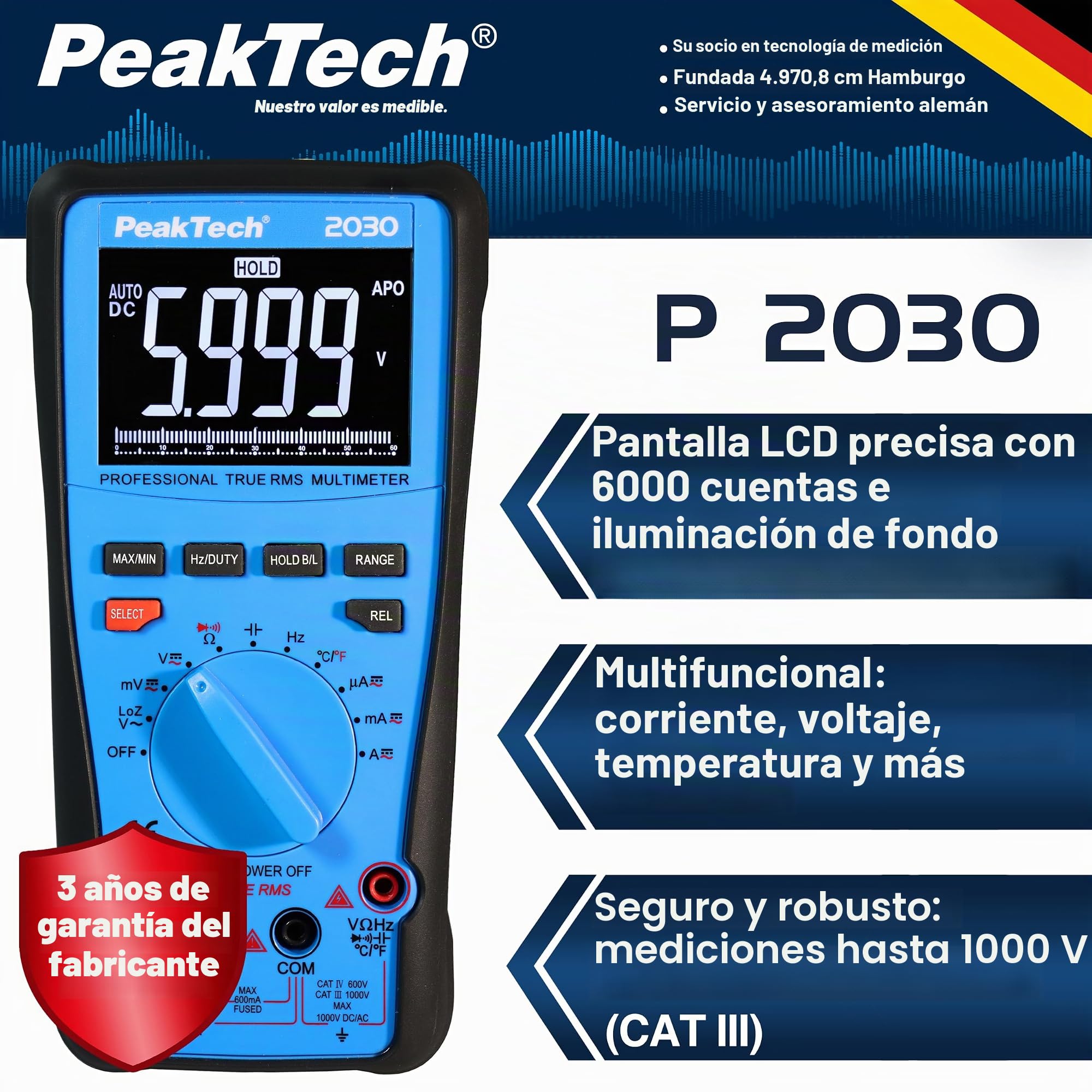 PeakTech, 2030, Multímetro digital True RMS 1000 V 6.000 recuentos