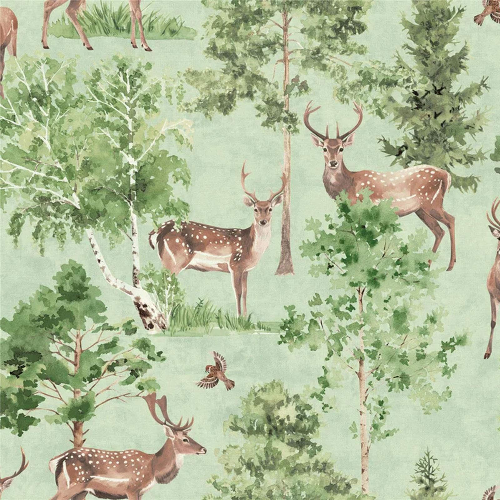 Deer Forest Natural Wallpaper - Green - 10m Roll - Paper Material