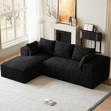 107" L-Shaped Boneless Sectional Couches for Living Room, Comfy Corduroy Fluffy Cloud Couch, Deep Seat Memory Foam Plush Modular Sectional Sofa with Left-Facing Chaise, No Assembly, Black