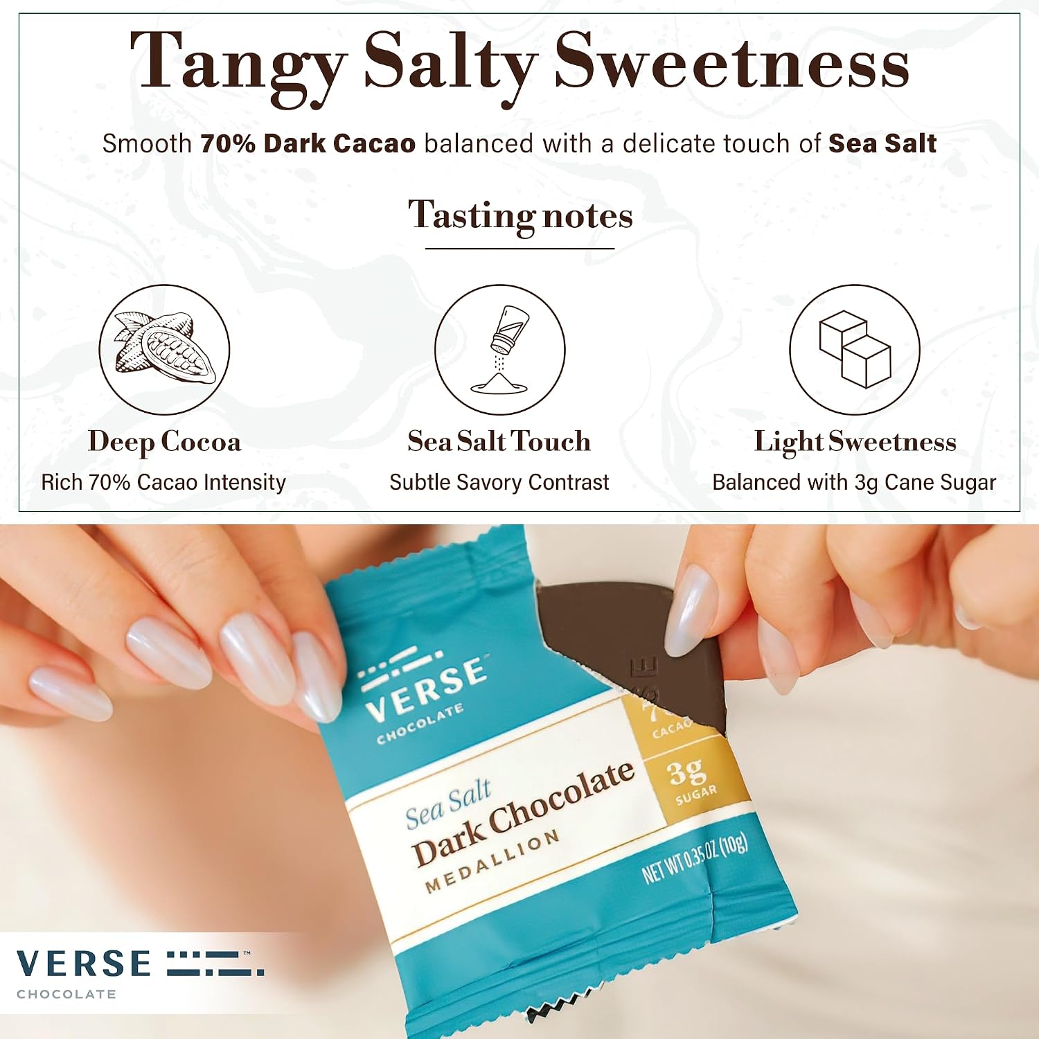 Verse Dark Chocolate Sea Salt Squares - Gluten Free, Keto Low Sugar Snack - Creamy 70% Cocoa Dark Chocolate - Only 3g Cane Sugar - Individually Wrapped Vegan Cacao Fine Chocolates Squares (30 Count)