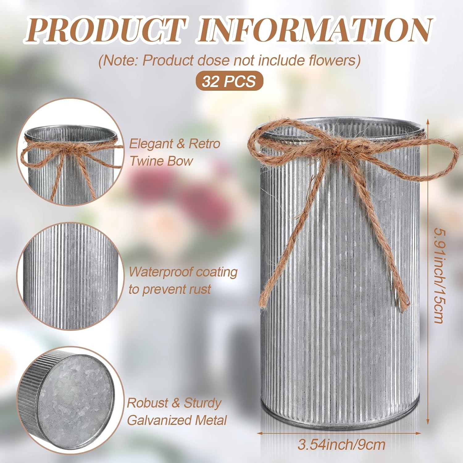Rustic Vase for Table Centerpieces 5.91 Inch Flower High Vase with Twine Bow Vintage Farmhouse Decor for Wedding Reception Dining Baby Shower Home Galvanized Metal Buckets(Iron Color,32 Pcs) Iron Color 32