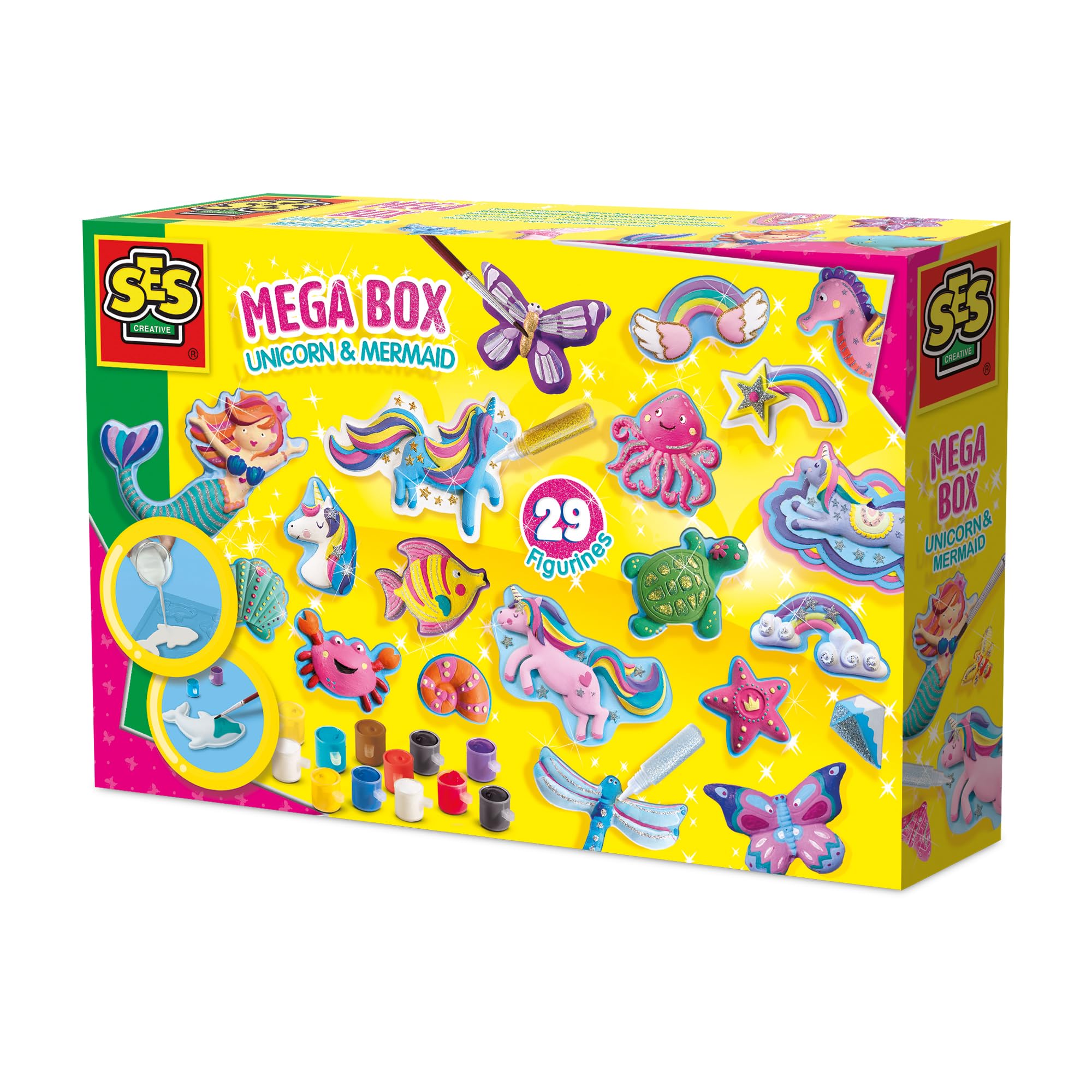 SES Creative - Casting and Painting - Mega Box Unicorn and Mermaid - Craft Set for Children - Unicorns Plaster Casting Set - Plaster Figures for Painting - Unicorn and Mermaid - from 5 Years