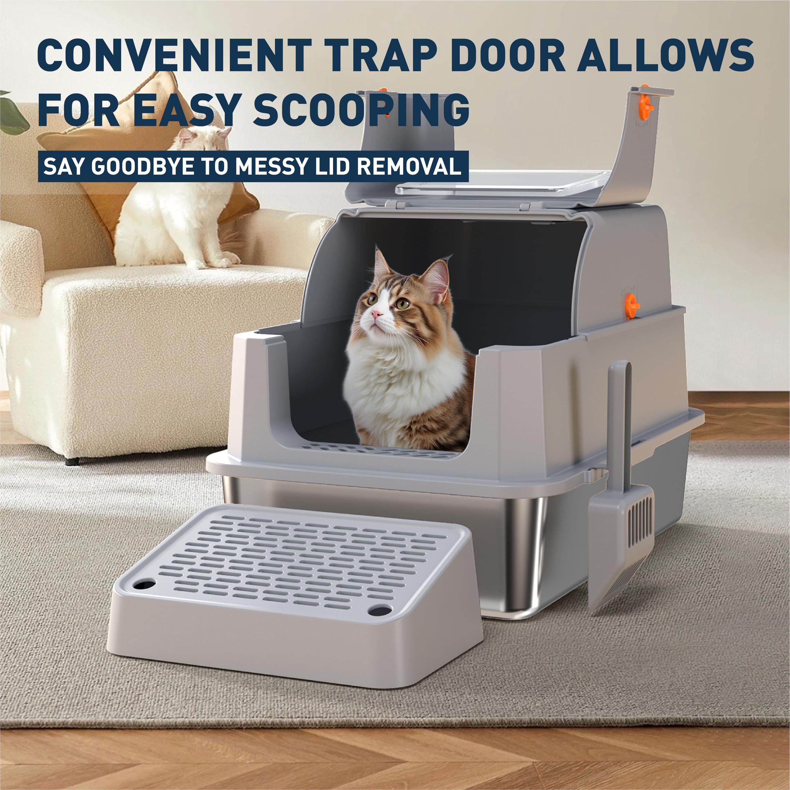Stainless Steel Cat Litter Box - Gray High-Sided Enclosed Design, Anti-Leak, Reduces-Odors, Non-Sticky, Easy to Clean, Metal Cat Litter Box, High Side Includes Scoop and Steps, Large Capacity - image 7