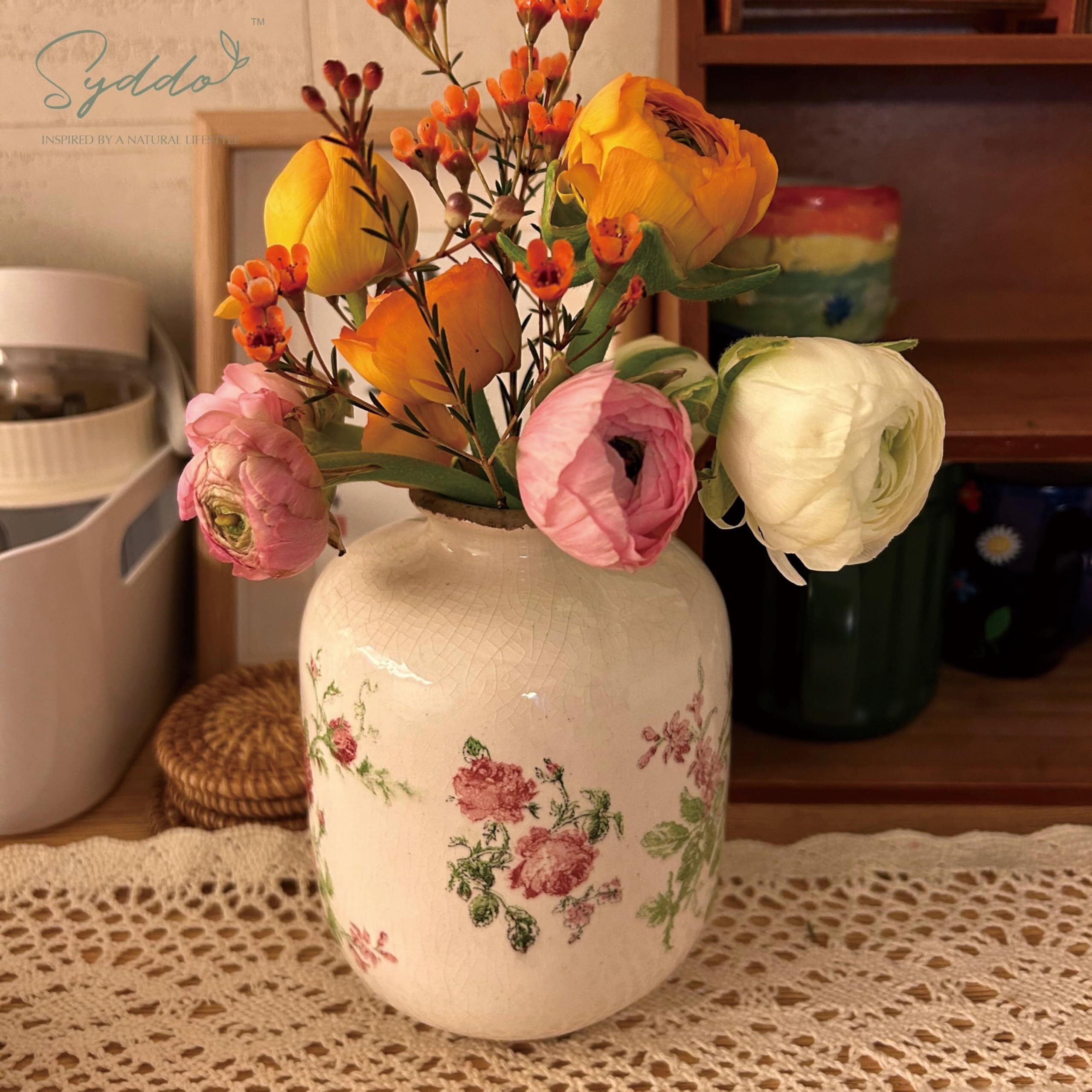 Vasi da fiori Vaso in ceramica bianca, piccolo disegno floreale in porcellana stile country francese dipinto a mano Accessori per il soggiorno