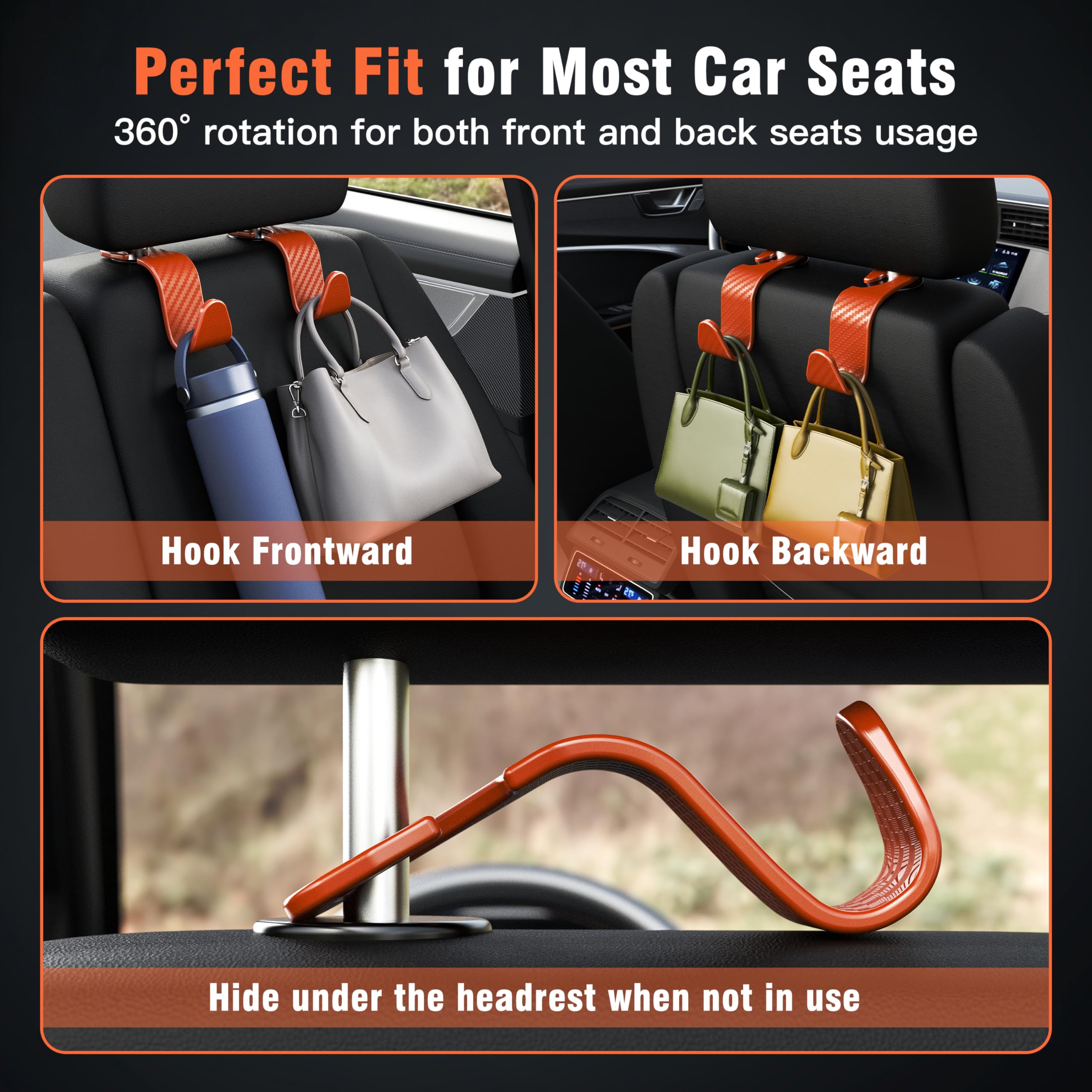 4-Pack Car Headrest Hooks Holds 55lbs Seat Storage Organizer for Bags view 4