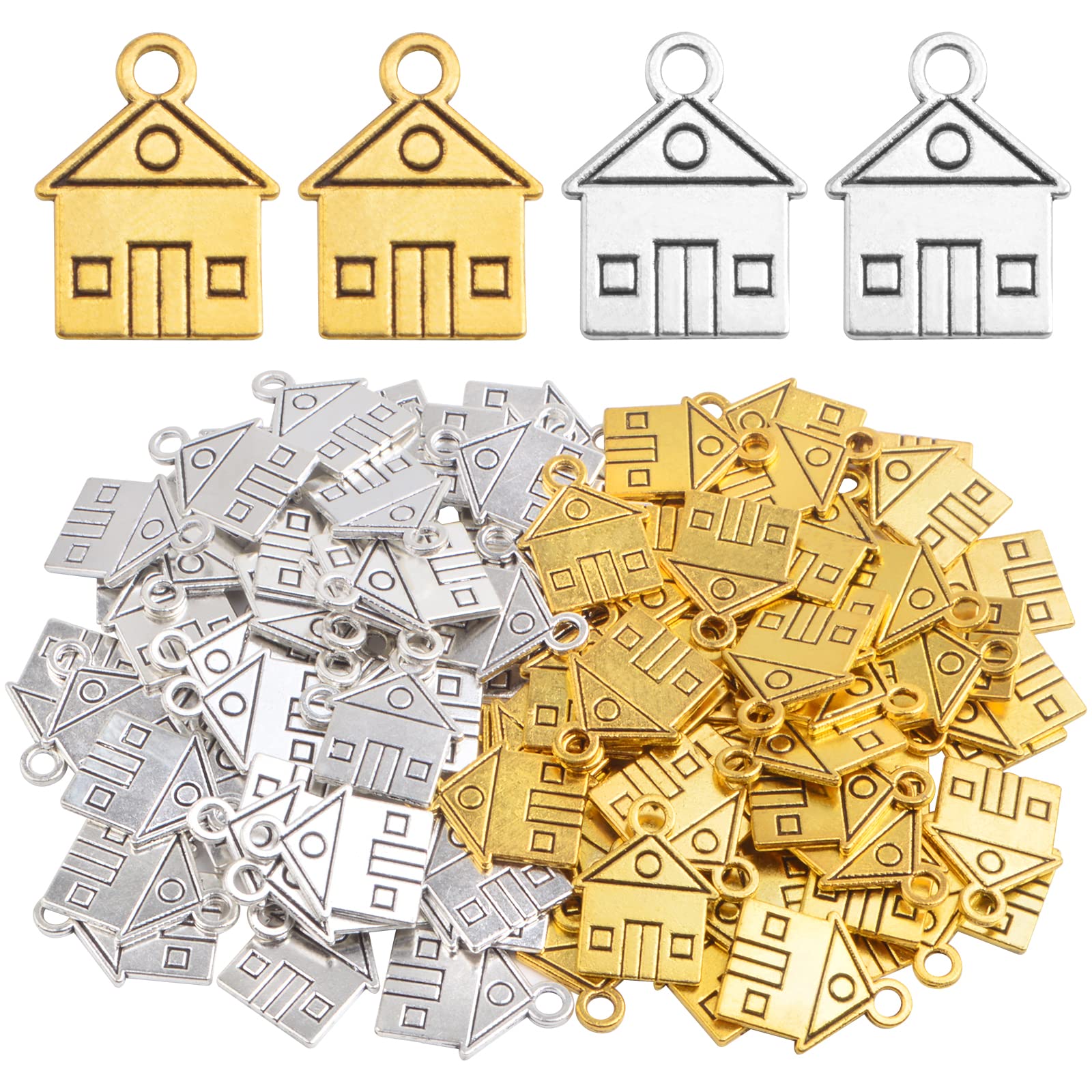 KMOSPAD 100pcs Tibetan House Shape Pendant Charms Vintage Alloy Small Double-sided House Pendants Craft Supplies for DIY Necklace Bracelet Jewelry