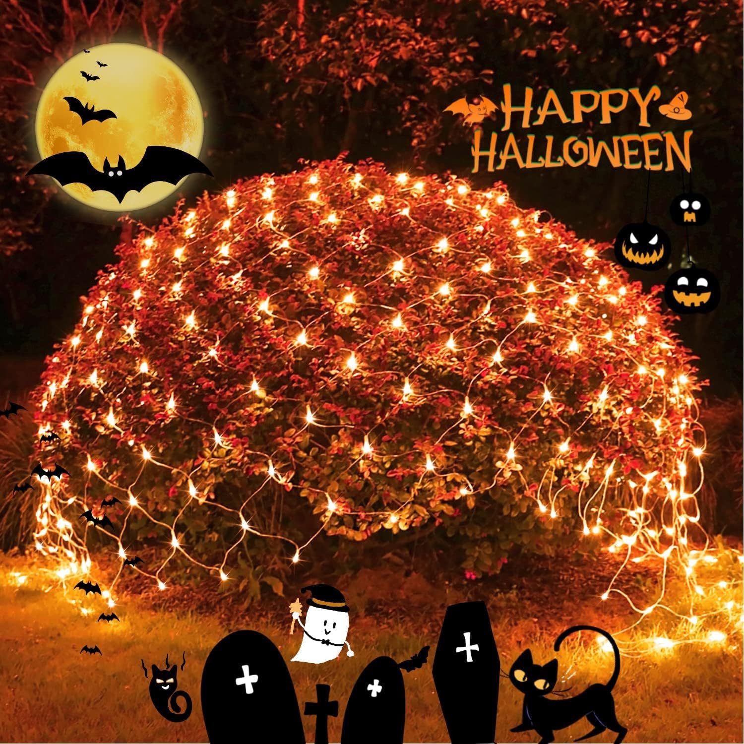 jmexsuss 200 led orange net lights for halloween, 9.8ft x 6.6ft connectable halloween net lights outdoor waterproof, 8 modes plug in orange light for thanksgiving bushes tree decor fall festival orange 200 led