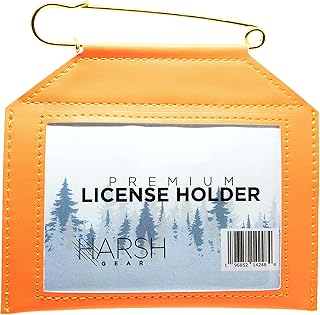 Weatherproof License Holder with Pin Included, Perfect for Hunting, Fishing, Archery Tags and Permits, Clear Window, Premium Quality Hand Stitched Synthetic Leather (Orange), LH001