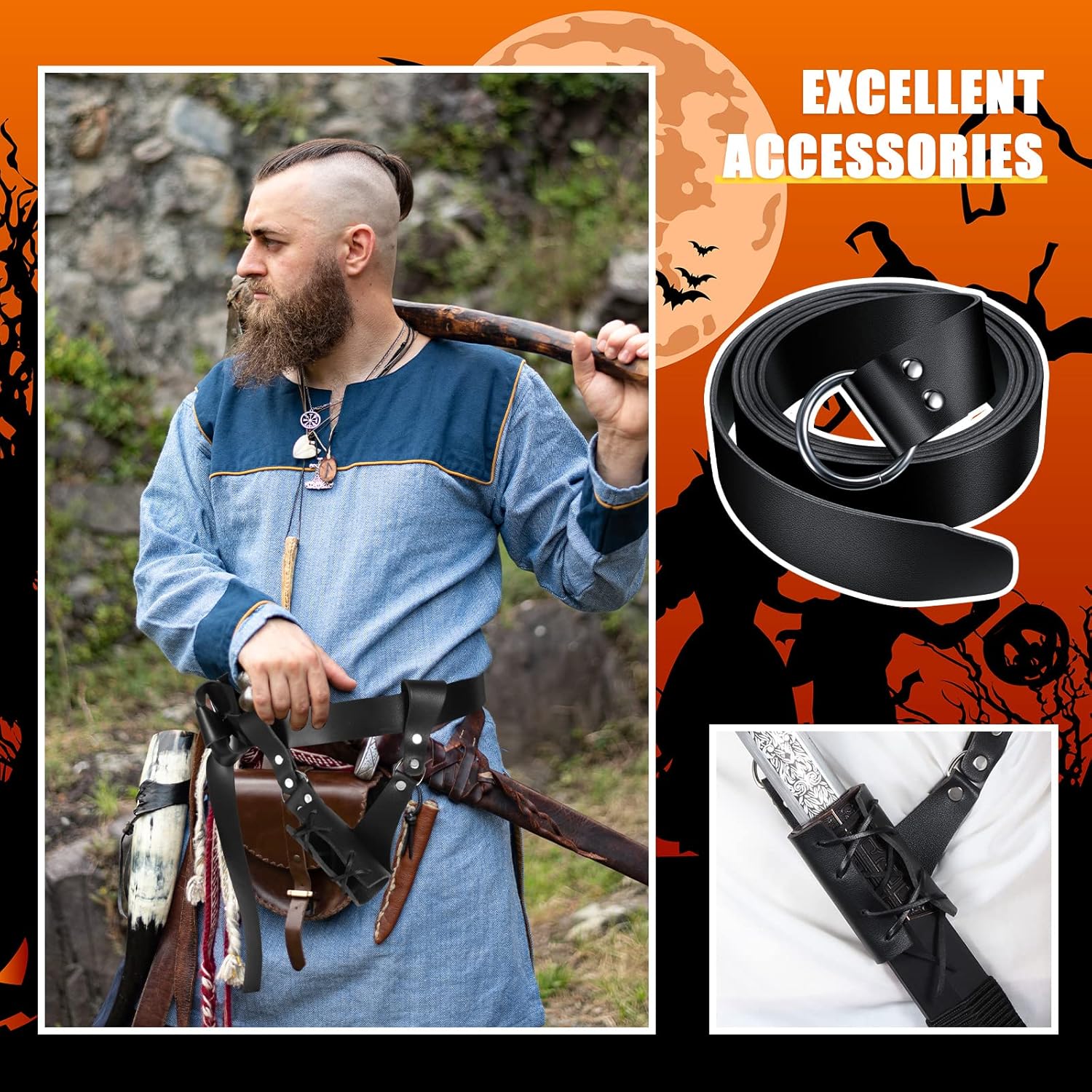 Halloween Medieval Leather Sword Frog with Belt, Sword Holder Rapier Scabbard Knight Leather Belt for Men Women Assassin Warrior Halloween Costume Cosplay Accessory - Image 3