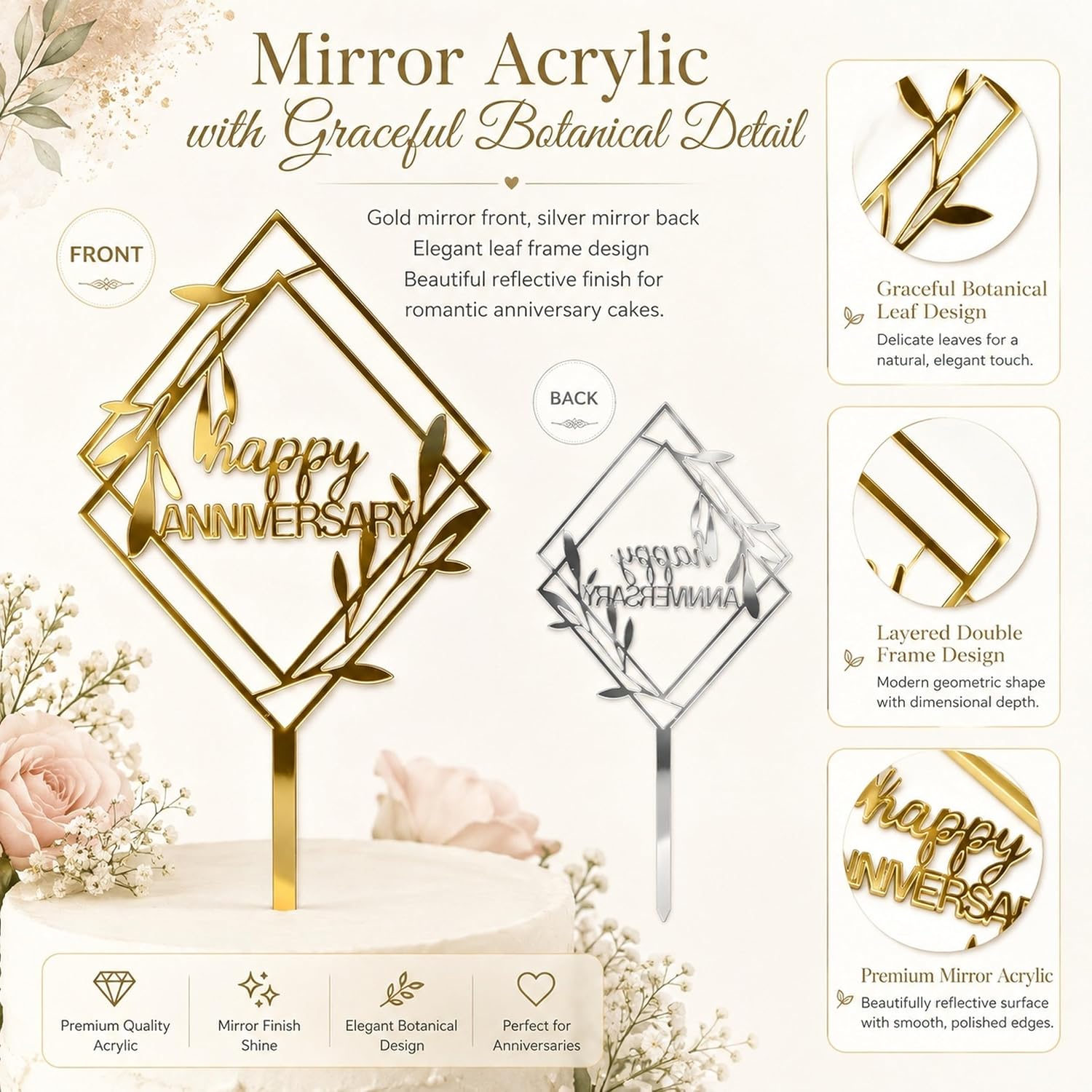 Gold Mirror Acrylic Happy Anniversary Cake Topper with Elegant Leaf Frame image 5