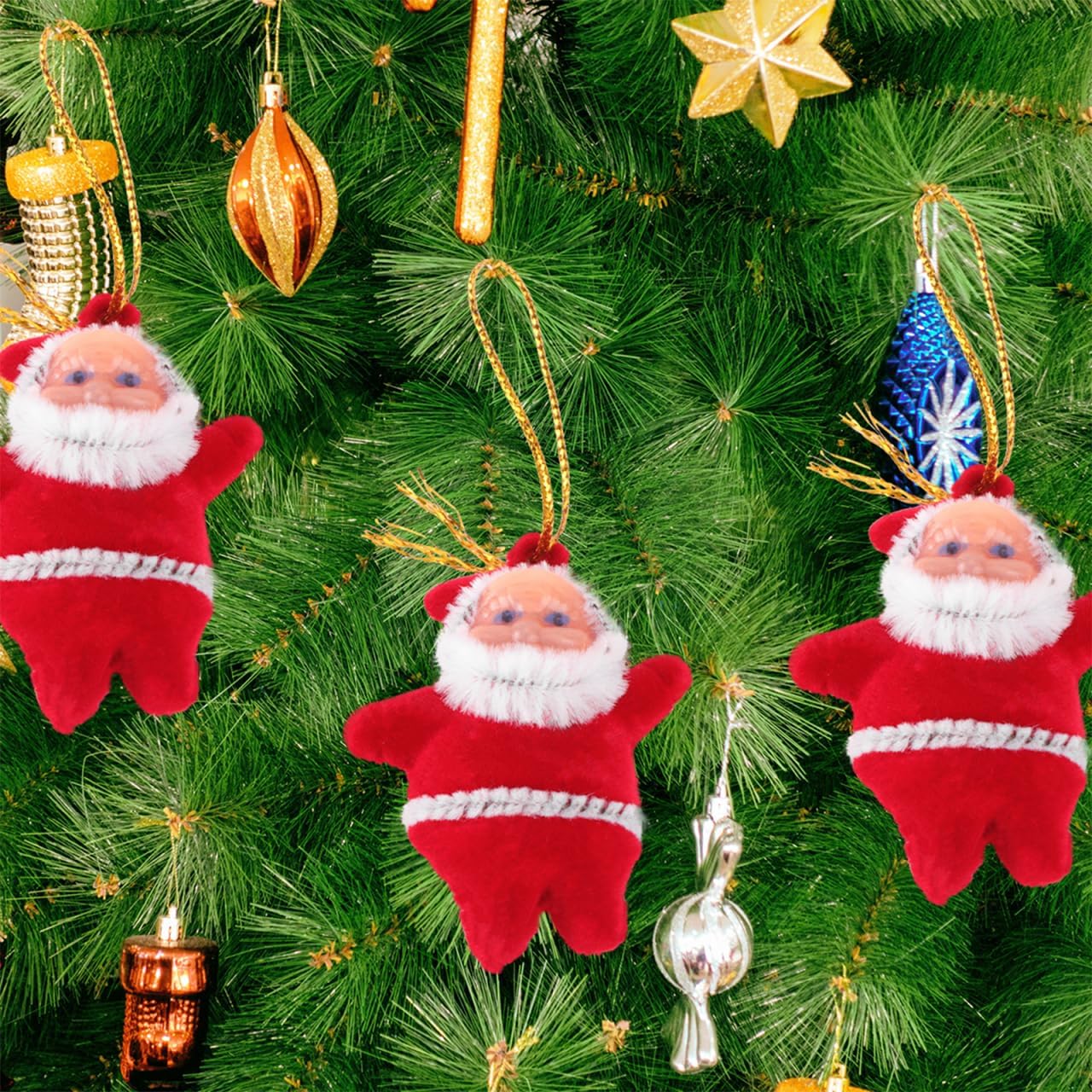 HOMSFOU 50pcs Mini Santa Claus Hanging Ornaments - Christmas Tree Decorations - Festive Cloth Santa Pendants for Xmas Tree, Cupcake Toppers