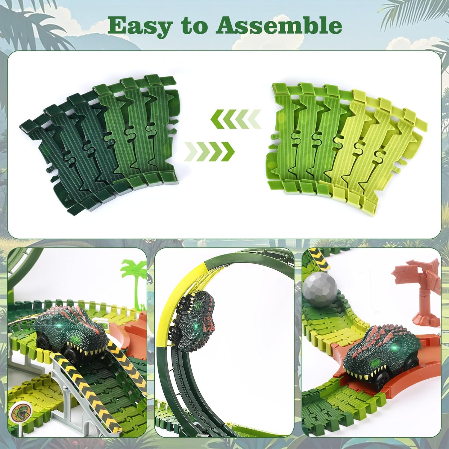 Dinosaur Toys for Kids 3-5, 286 Pcs Create A Dinosaur Toys Race Car for Toddlers, Flexible Track Playset with 2 Dinosaur Cars, Dinosaur Party Favors for 3 4 5 6 Year Old Boys Birthday Gift - Image 3