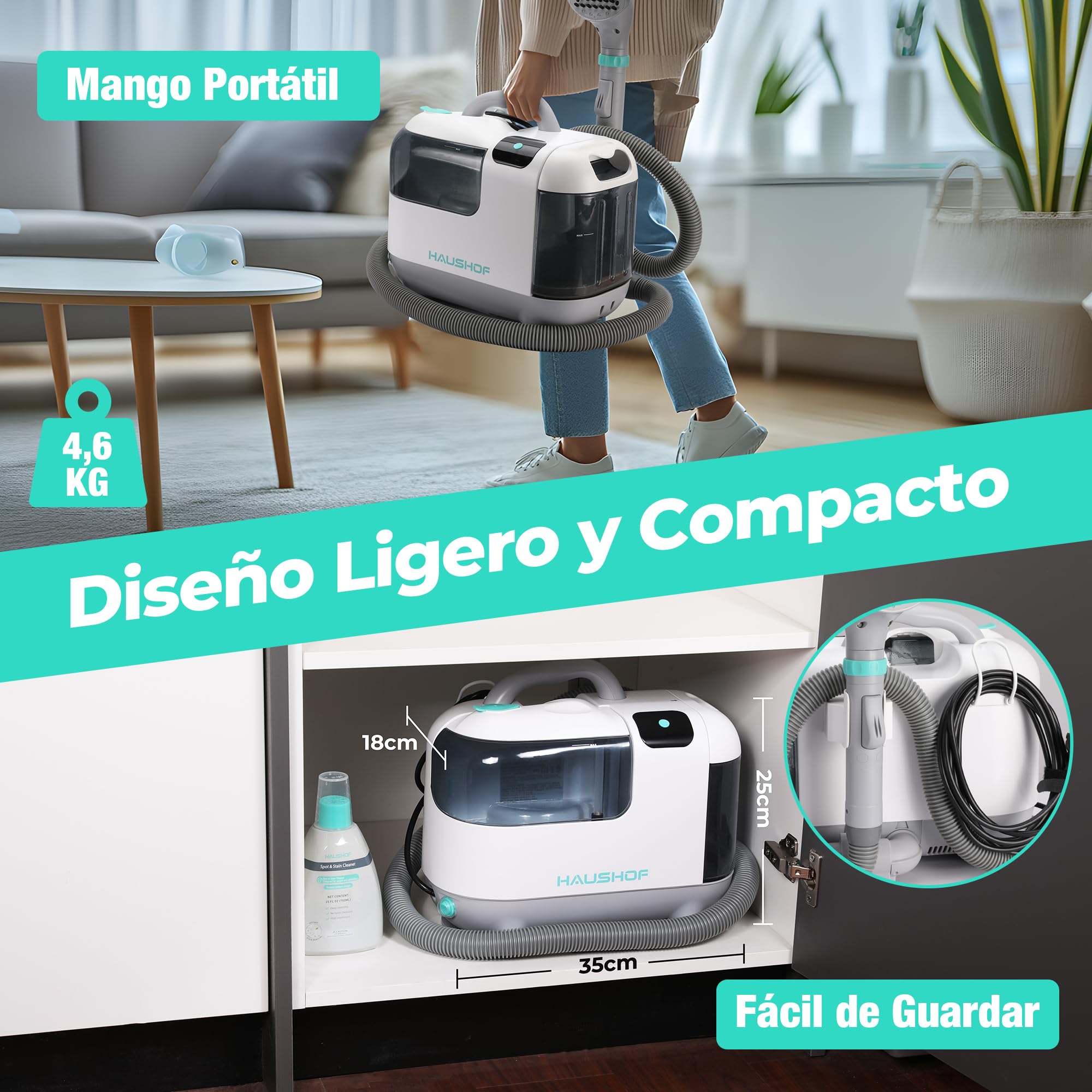 HAUSHOF StainZapper Vapo Limpiador de Alfombras a Vapor, Aspiradora de Agua Tapiceria con Funciones de Agua Caliente y Vapor, Limpia Tapicerias para Sofá, Moquetas, Incluye Detergente y Cepillo, 75 dB