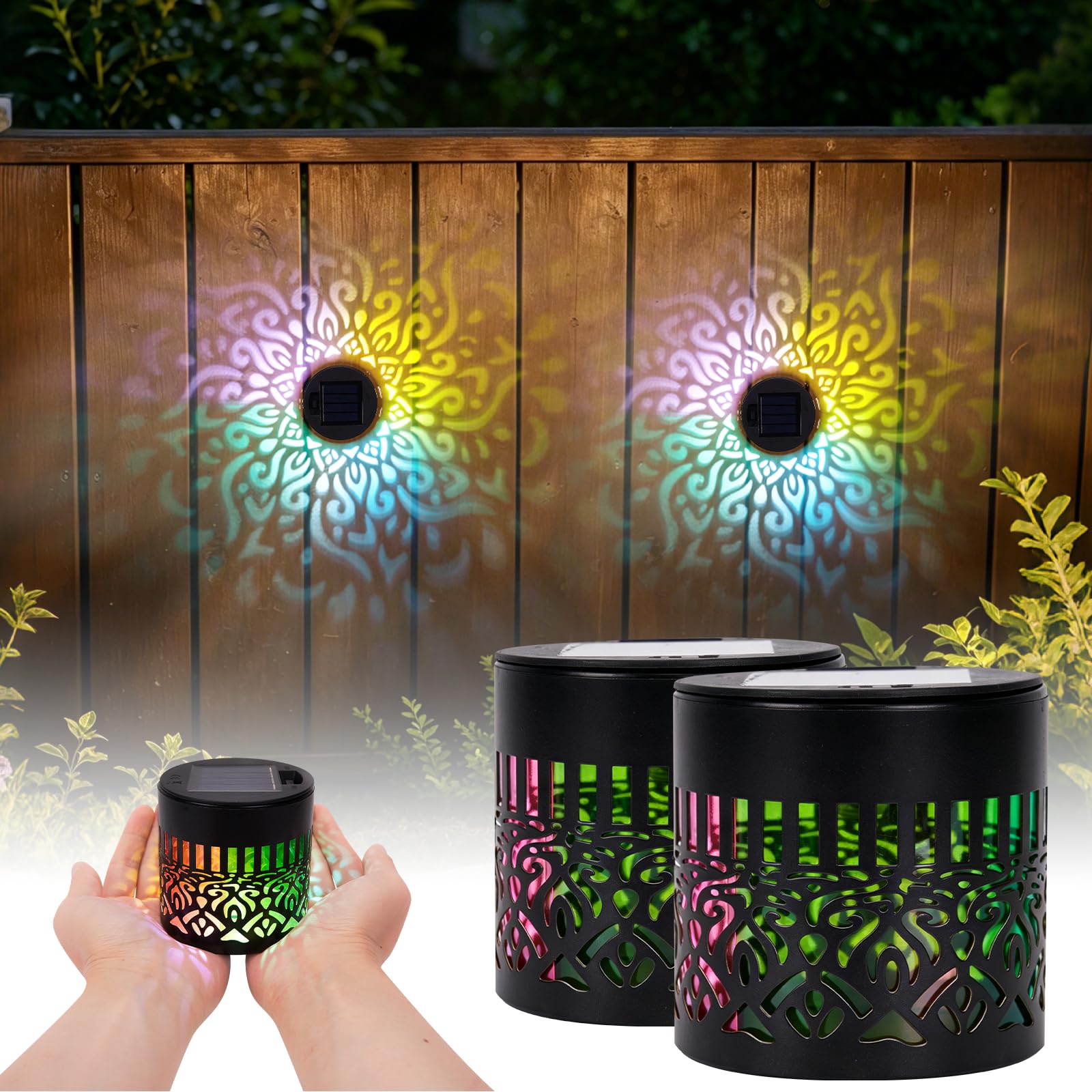 Lightyard Solar Mandala Wall Lights, Seven-Color Changing Outdoor Decorative Projection Lamp, Waterproof Metal Fence Light for Garden Yard Backyard Patio Ambient Decor (2pcs)