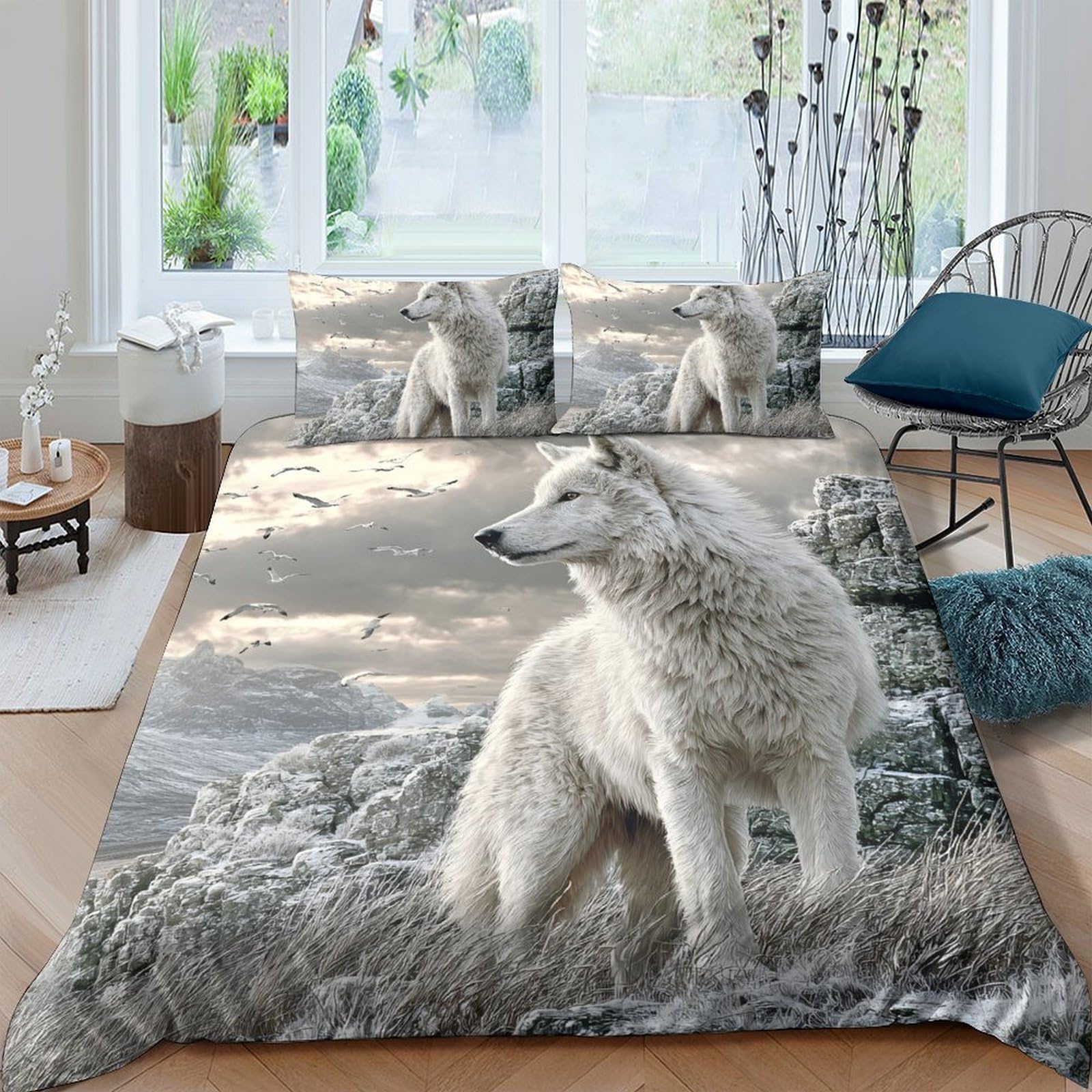 Ctjqhvkz Style-5 3D Printed Arctic Wolf Fitted Sheet Microfiber Soft Grey Forest Mattress Cover Bedroom Decor Anti-Slip Machine Washable Single（135X200cm）