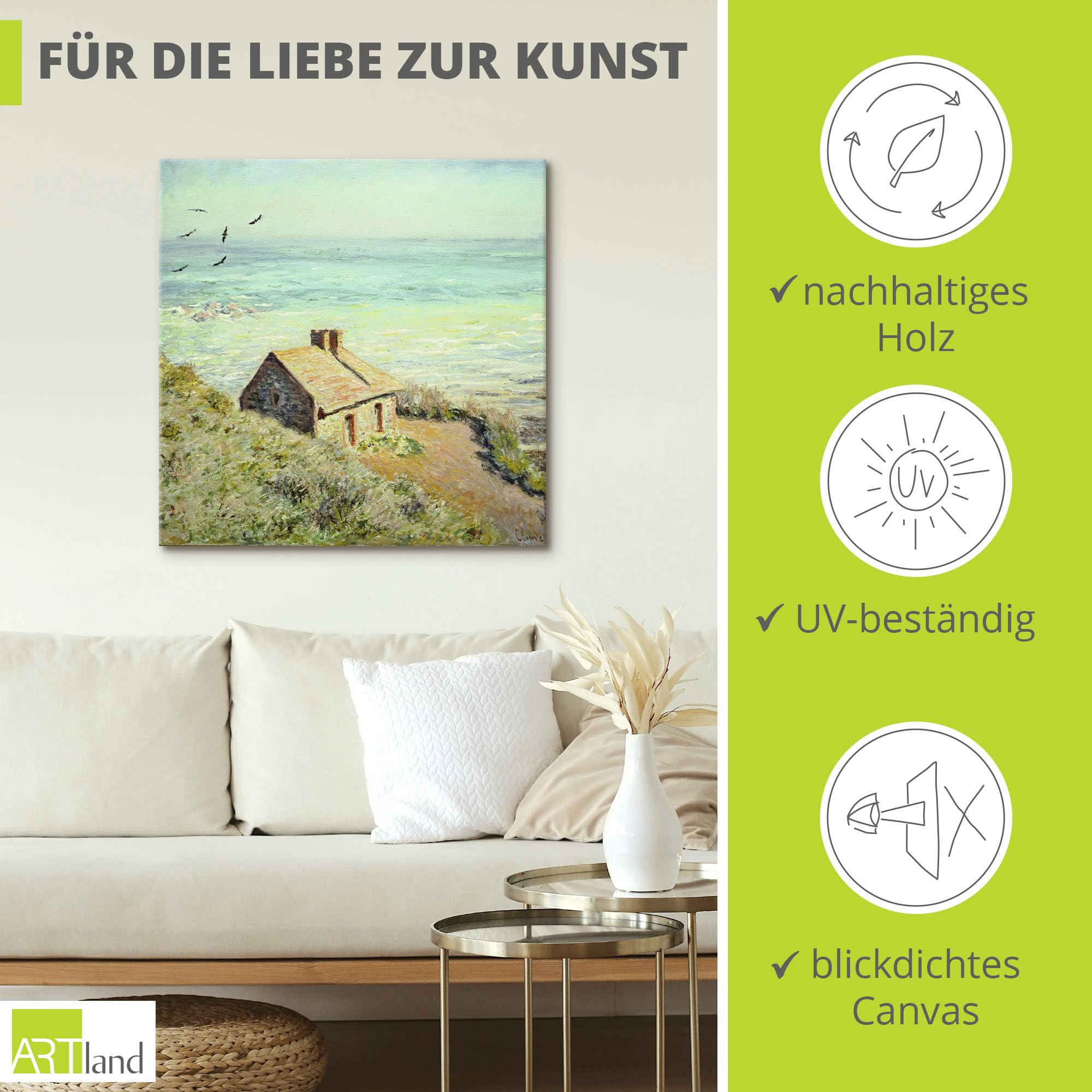 ARTLAND Wanddeko Leinwand Bilder Wandbild 50x50 cm Haus Landschaft Meer Strand Das Zollhäuschen im Morgenlicht 1882 Impressionismus Claude Monet T6UG