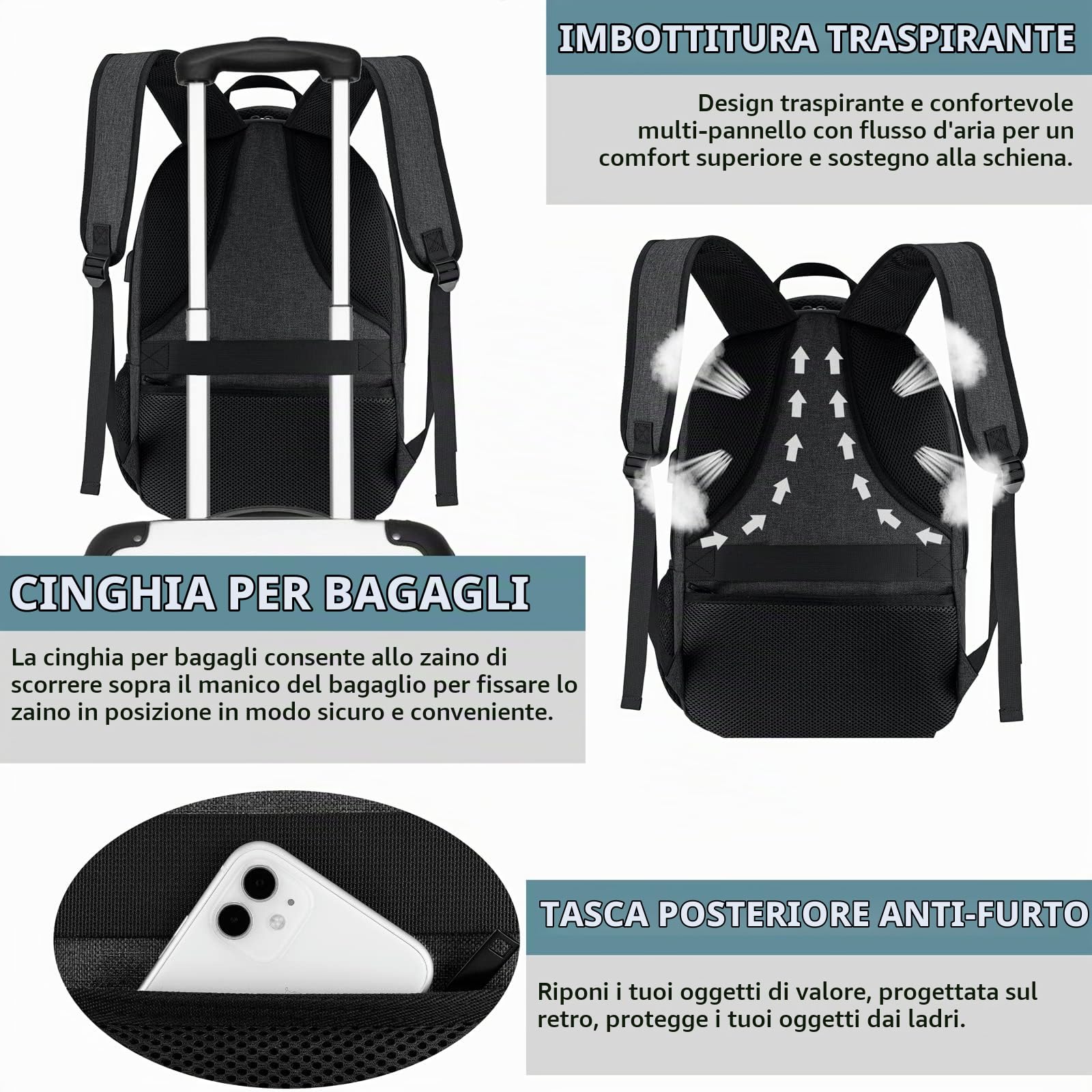 BIKRODZaino Uomo Portatile 17 Pollici, Caricatore USB, Impermeabile per Laptop, Computer, Notebook, Scuola, Viaggio Donna