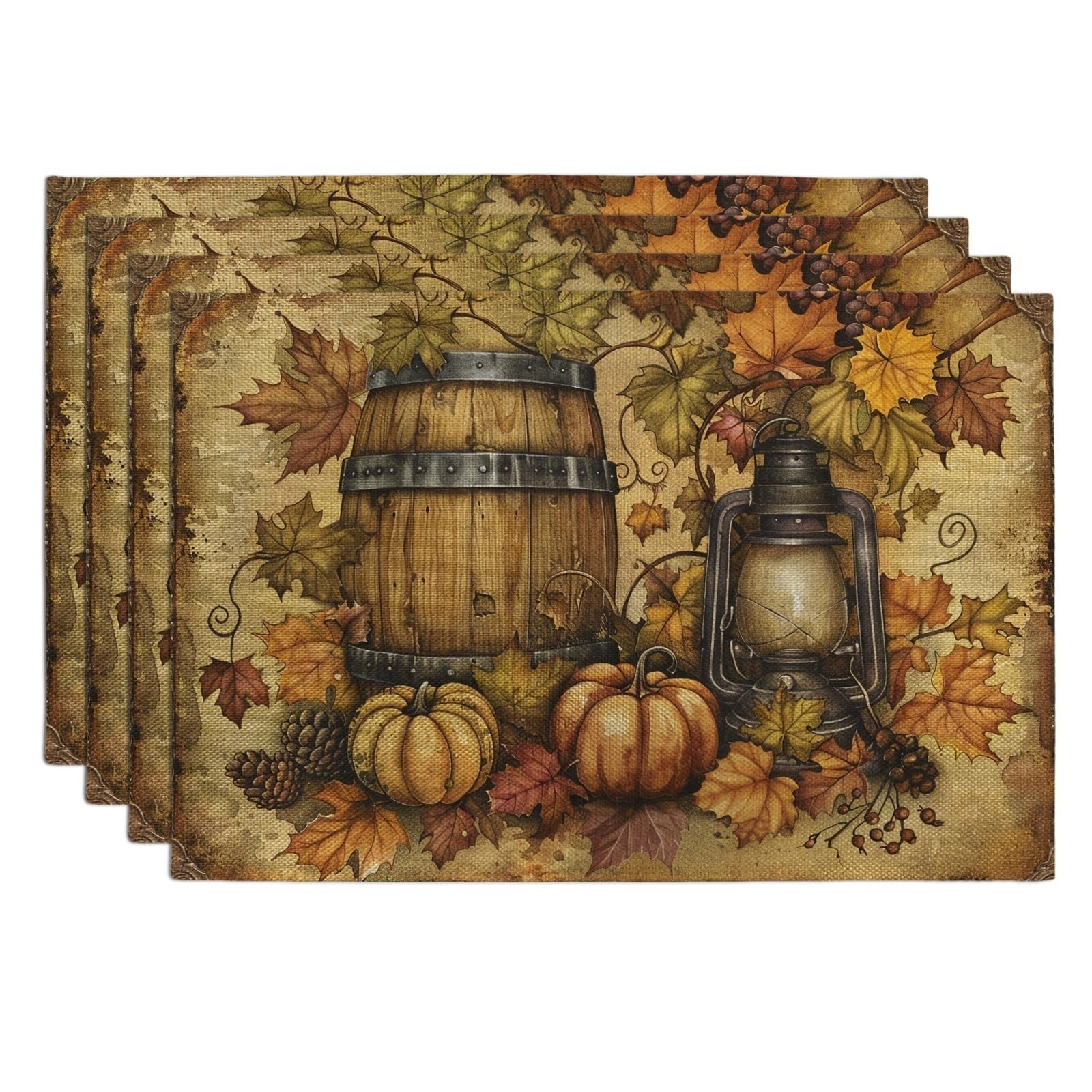 Autumn Harvest Leaves Placemats, Brown Rustic Country Table Mats for Dining, Non-Slip Washable Indoor Outdoor Festive Decorative Placemat Set of 4