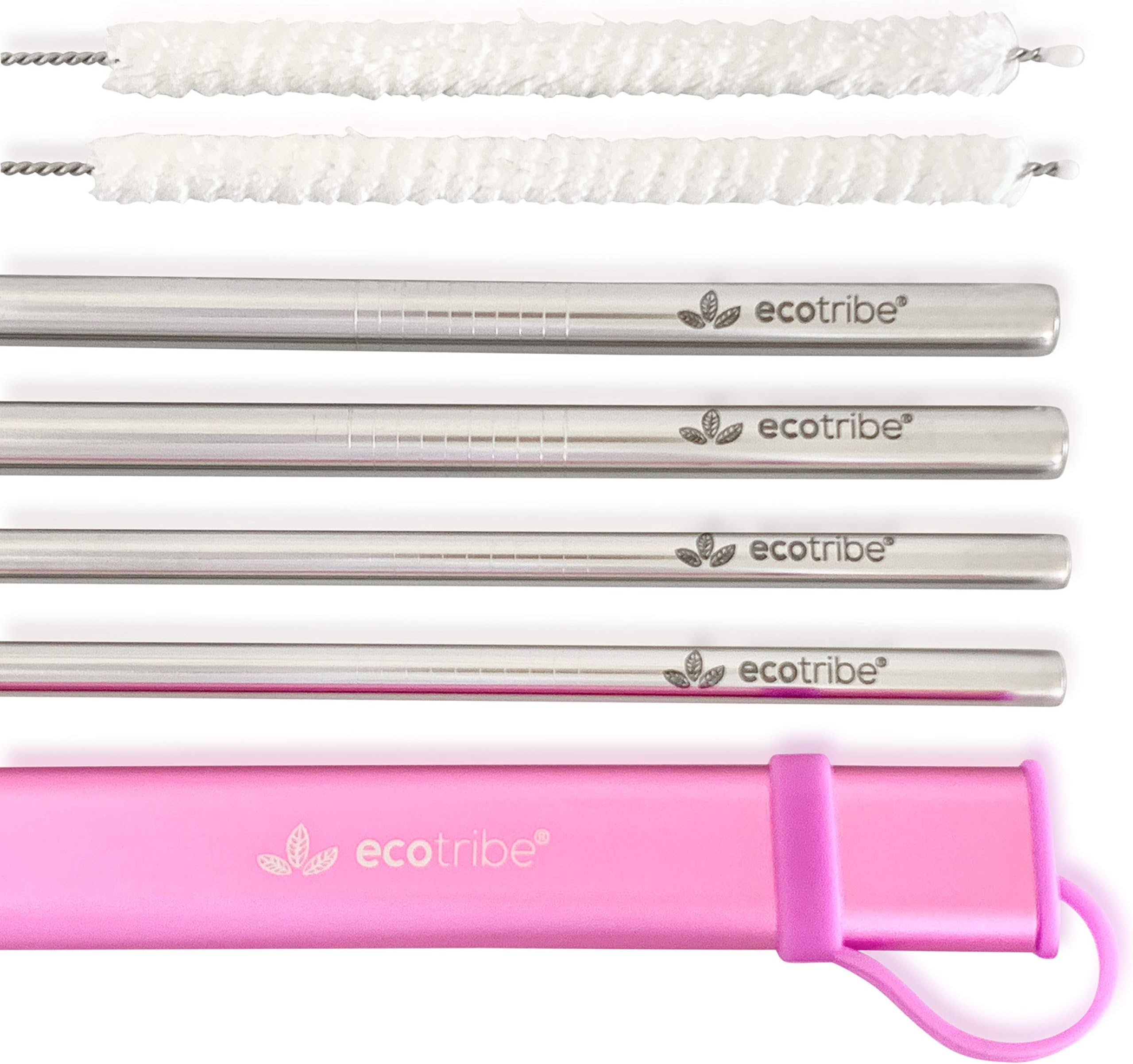 Reusable Straws with Case, Metal Straws, Stainless Steel Straws, Set of 4 with Aluminum Travel Case & Cleaning Brushes, 8.5" Straight Straw Kit, Portable Straws for Personal Use, Zero Waste (Pink)