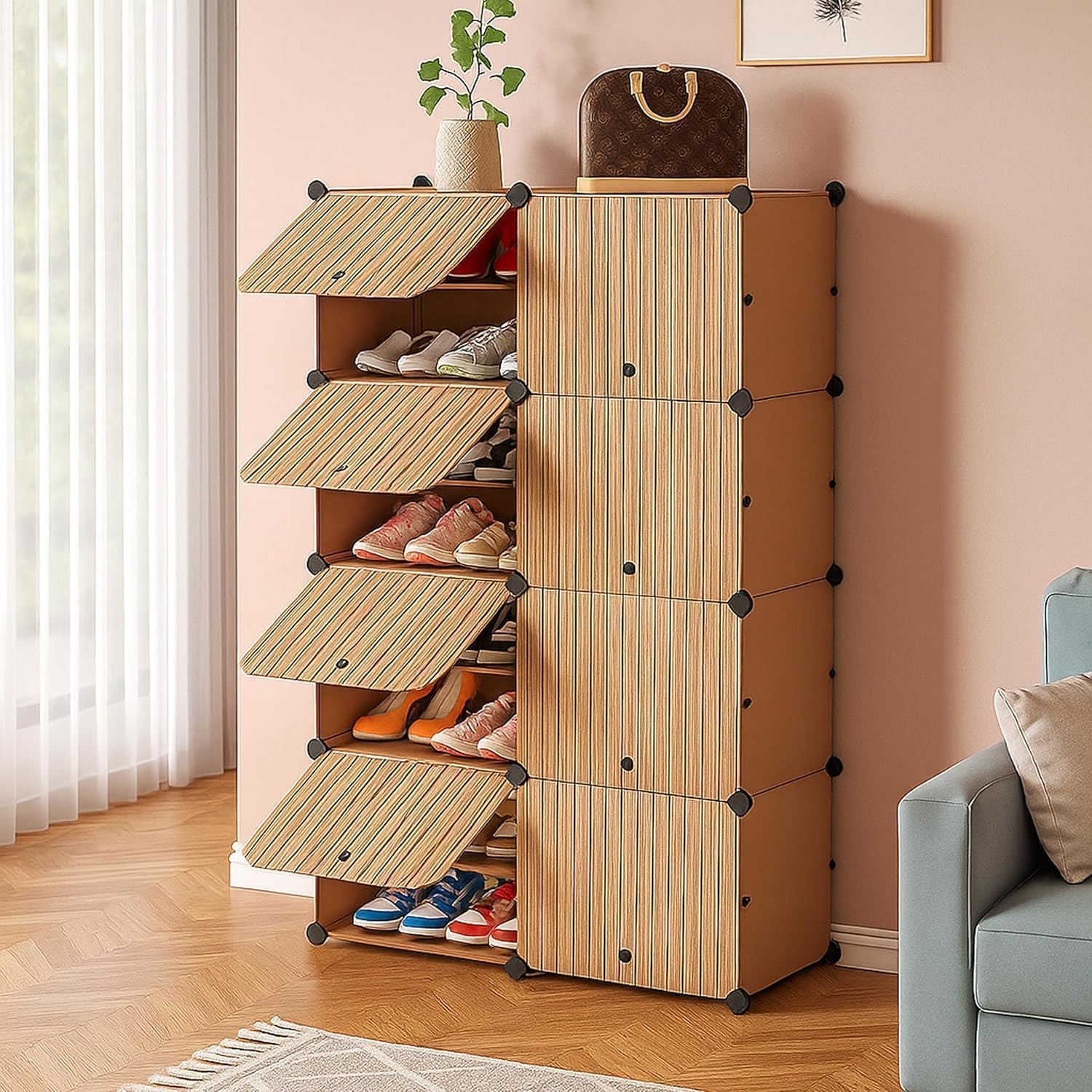 LUHI 8 Shelf DIY Shoe Rack Plastic - Multi-Purpose Home Plastic Shelves, PP Home Shoe Rack with Door for Entryway, Chappal Slipper Shoe Stand (Wooden, 8-Door, 16-Layer)-image-27