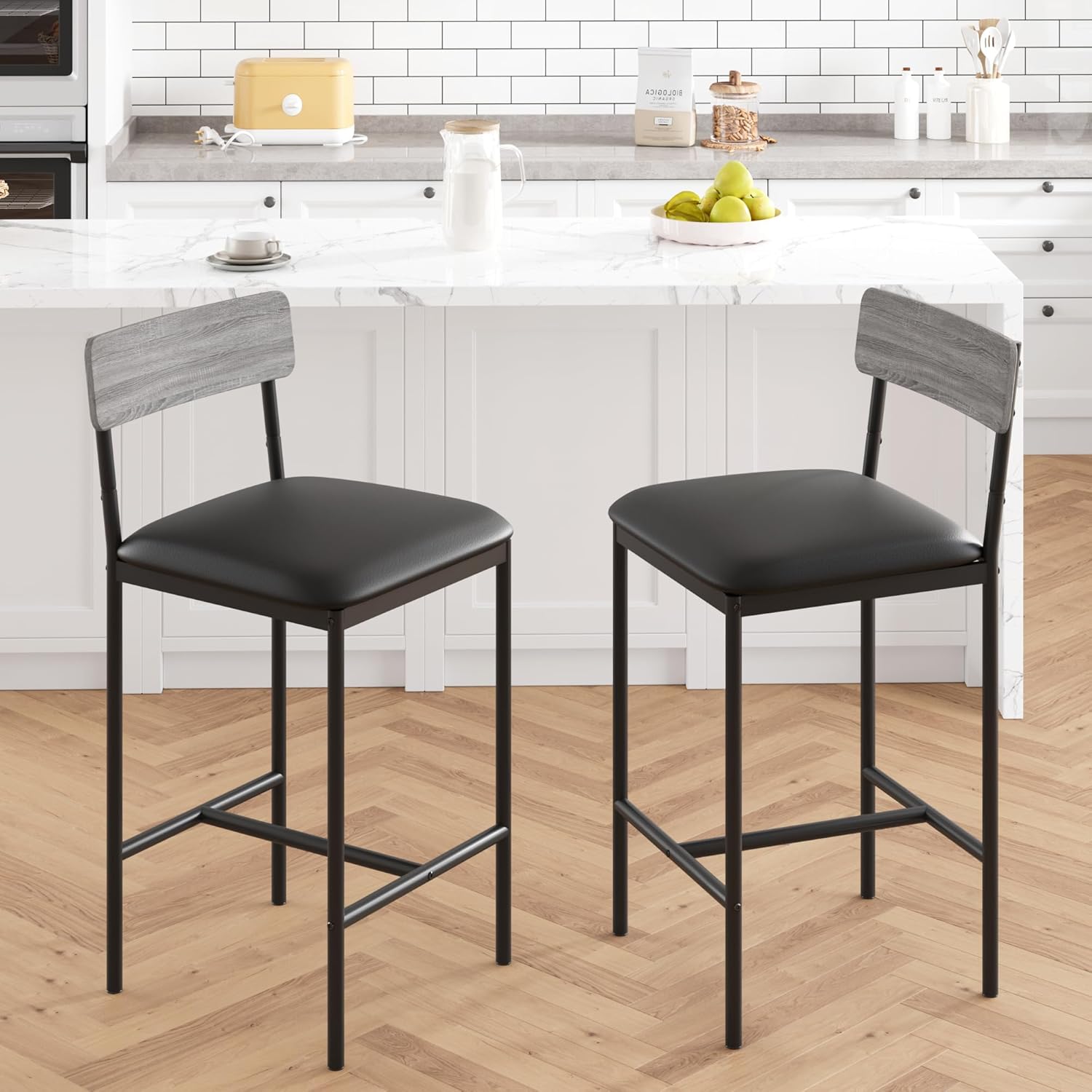 IDEALHOUSE Bar Stools Set of 2, Kitchen Bar Stools with Footrest, 25.5 Inches Upholstered Bar Chairs with Back, Counter Height Barstools for Counter Bar, Island, Easy Assembly, Rustic Gray