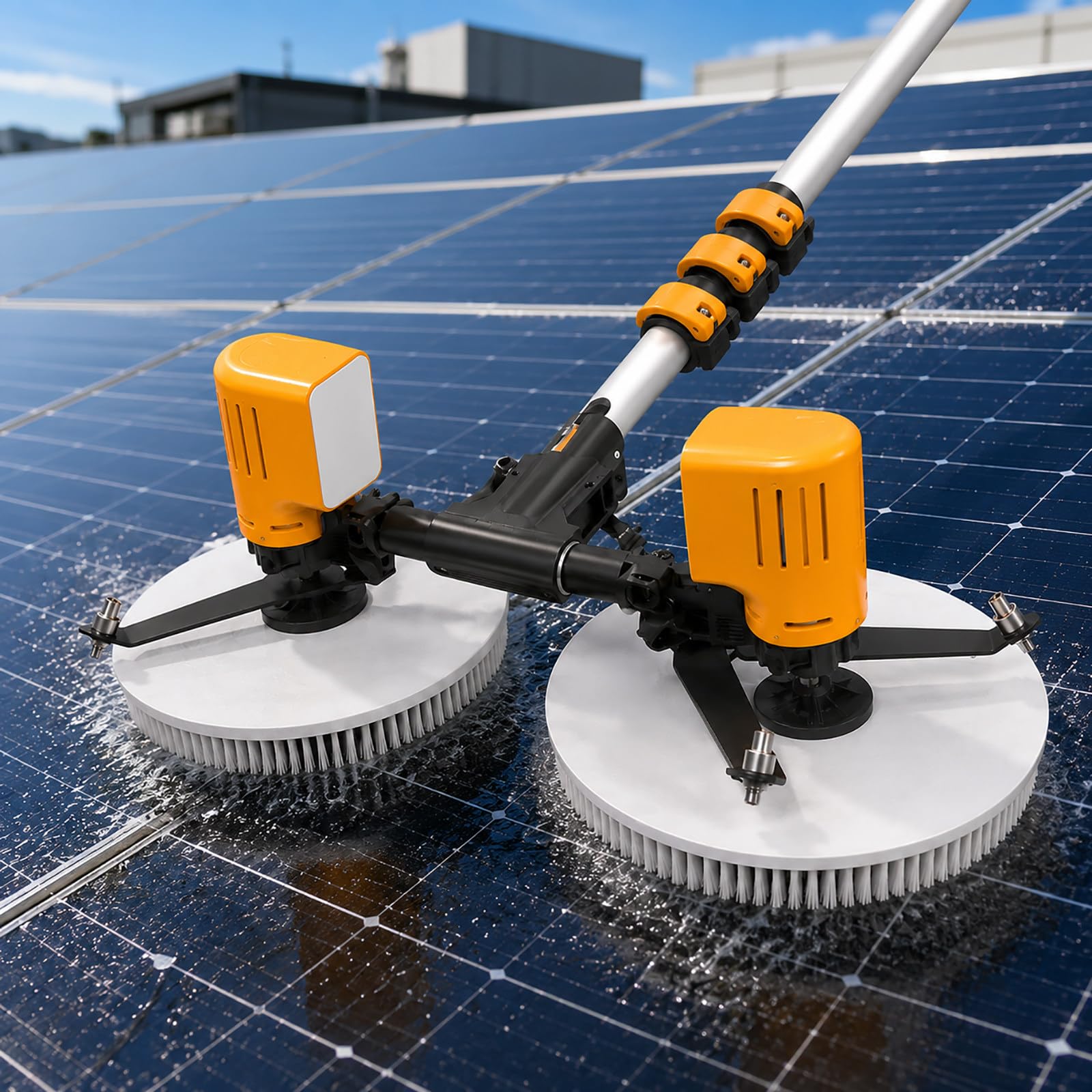 vnmudzeo Roof Solar Panel Cleaning Brush with Water Fed System – Dual Head Electric PV Cleaner with 300W Motor and 350RPM Speed 7.5m(24.6ft)